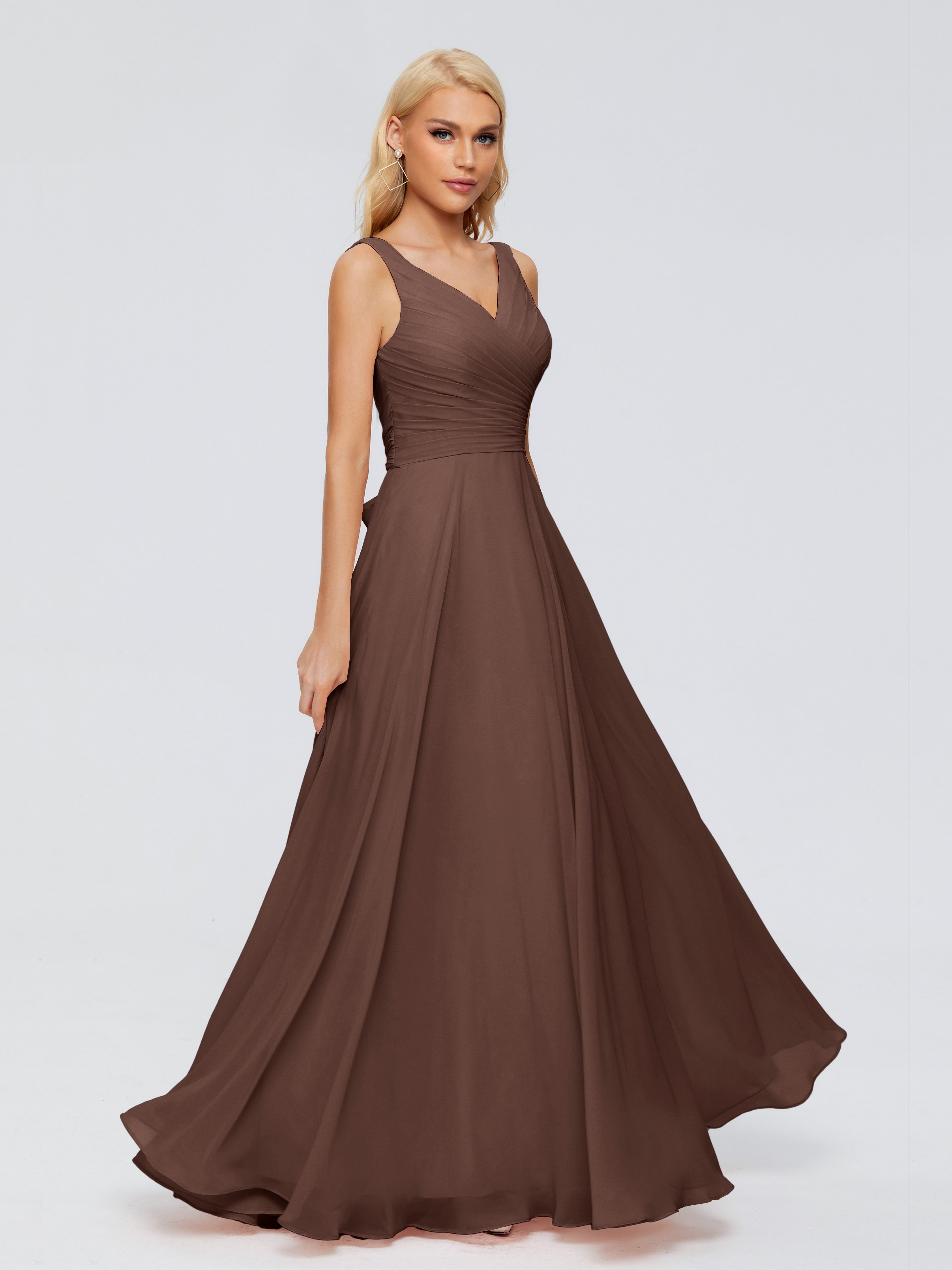 Robe De Demoiselle D Honneur Chocolat Col V Mousseline Robes Demoiselle D'Honneur Avec Ceinture