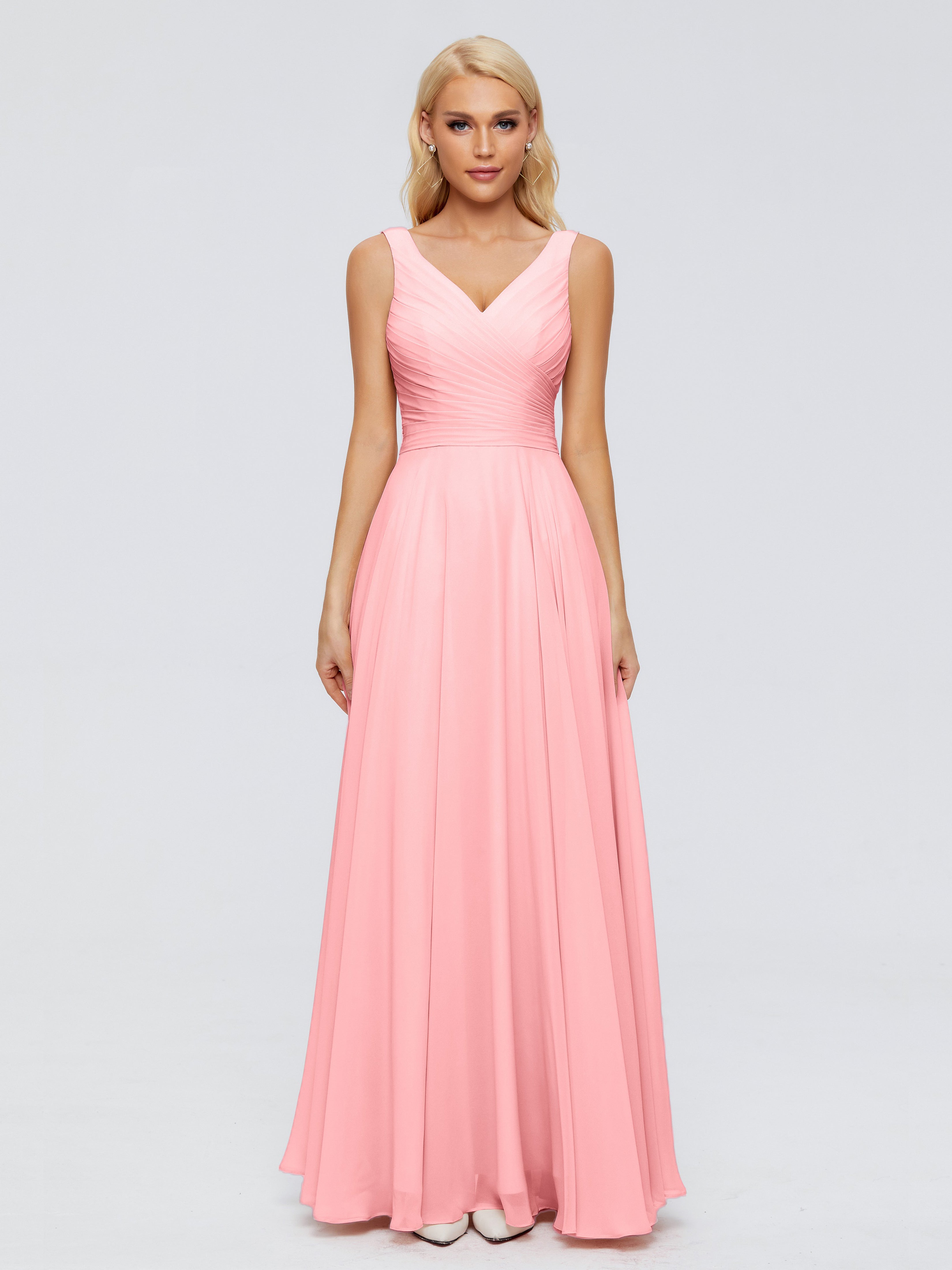 Robes De Demoiselle D'Honneur En Flamant Col V Mousseline Robes Demoiselle D'Honneur Avec Ceinture