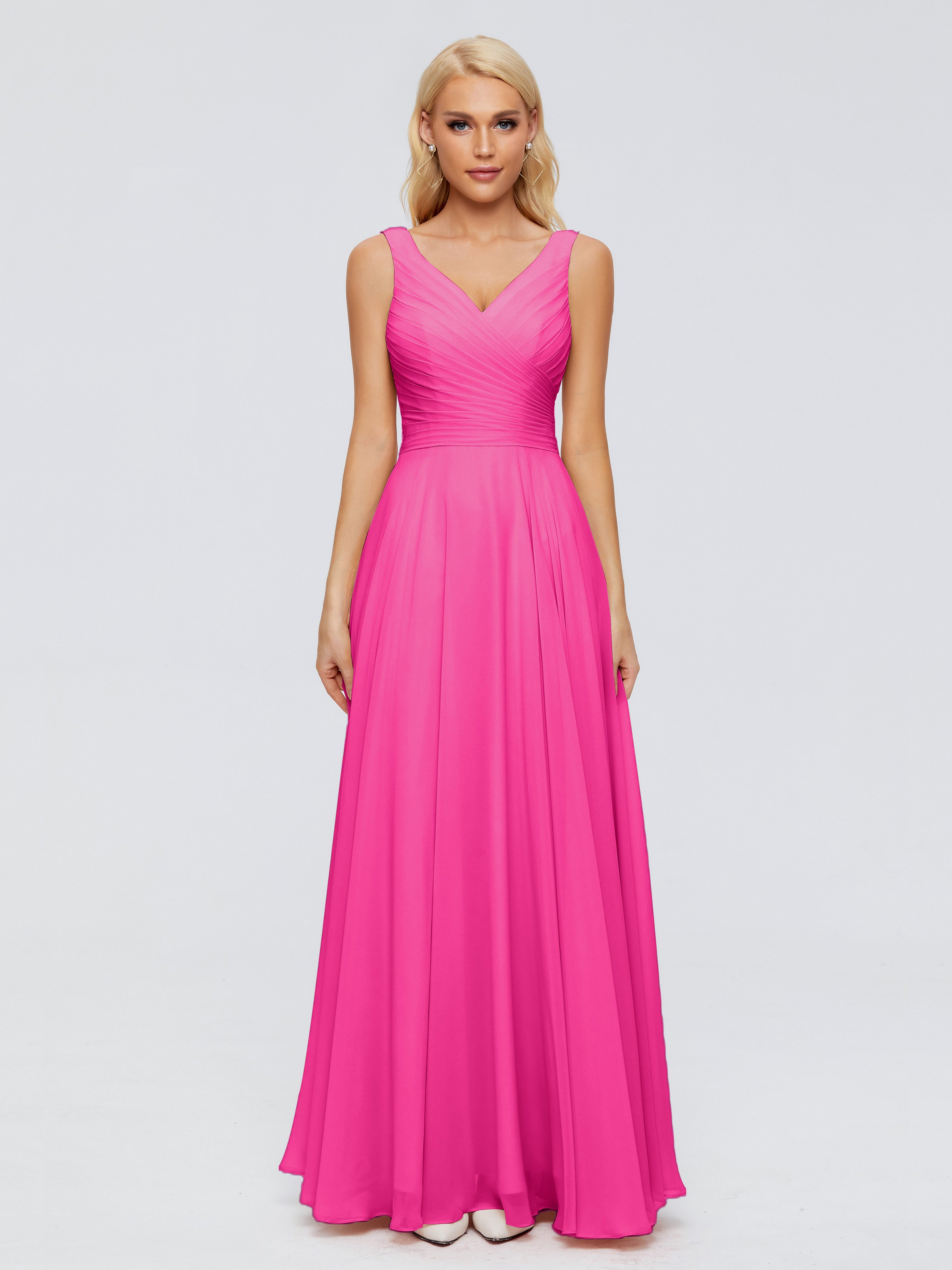 Robe De Demoiselle D Honneur Fuchsia Col V Mousseline Robes Demoiselle D'Honneur Avec Ceinture