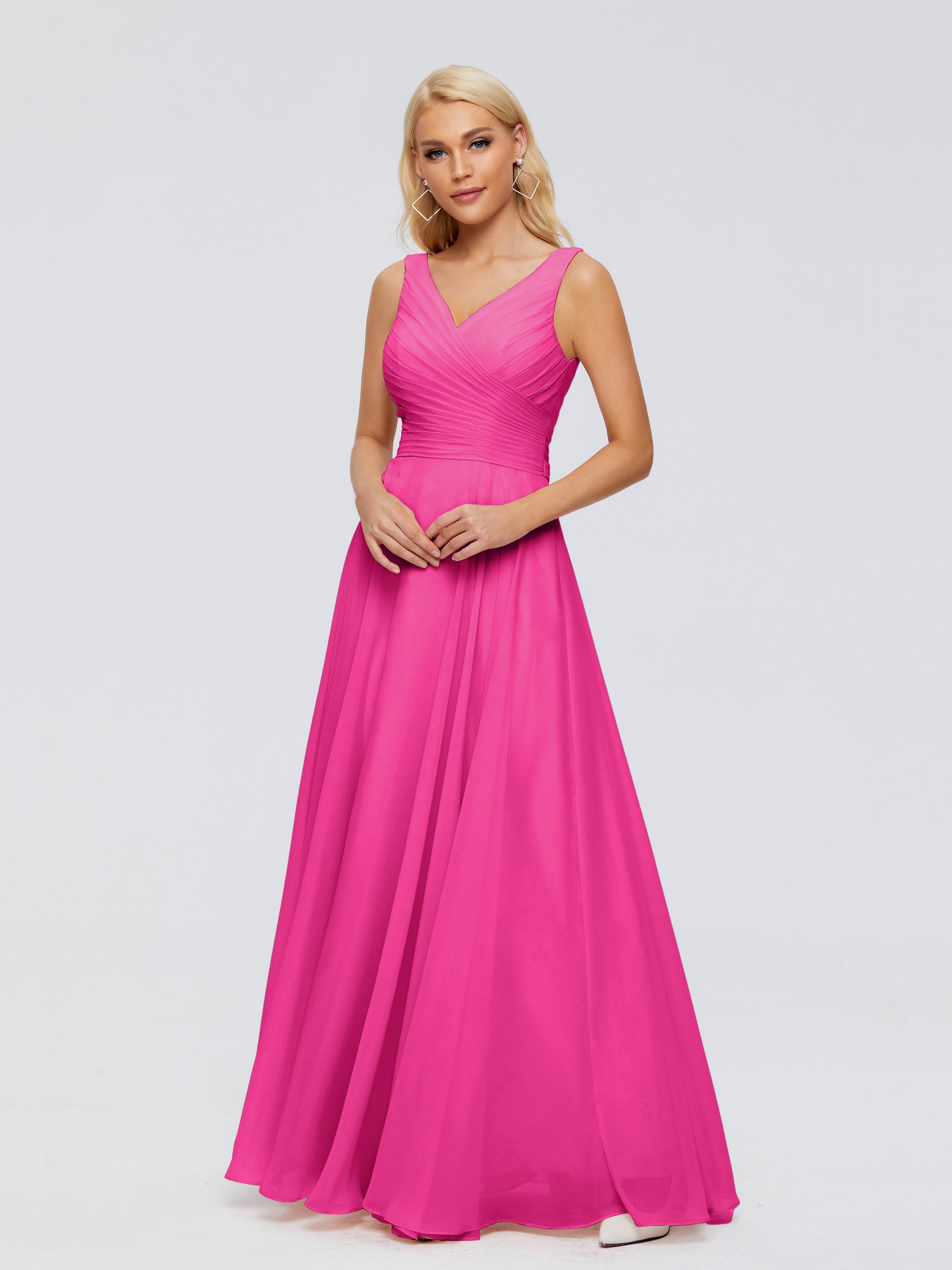 Robe De Demoiselle D Honneur Fuchsia Col V Mousseline Robes Demoiselle D'Honneur Avec Ceinture