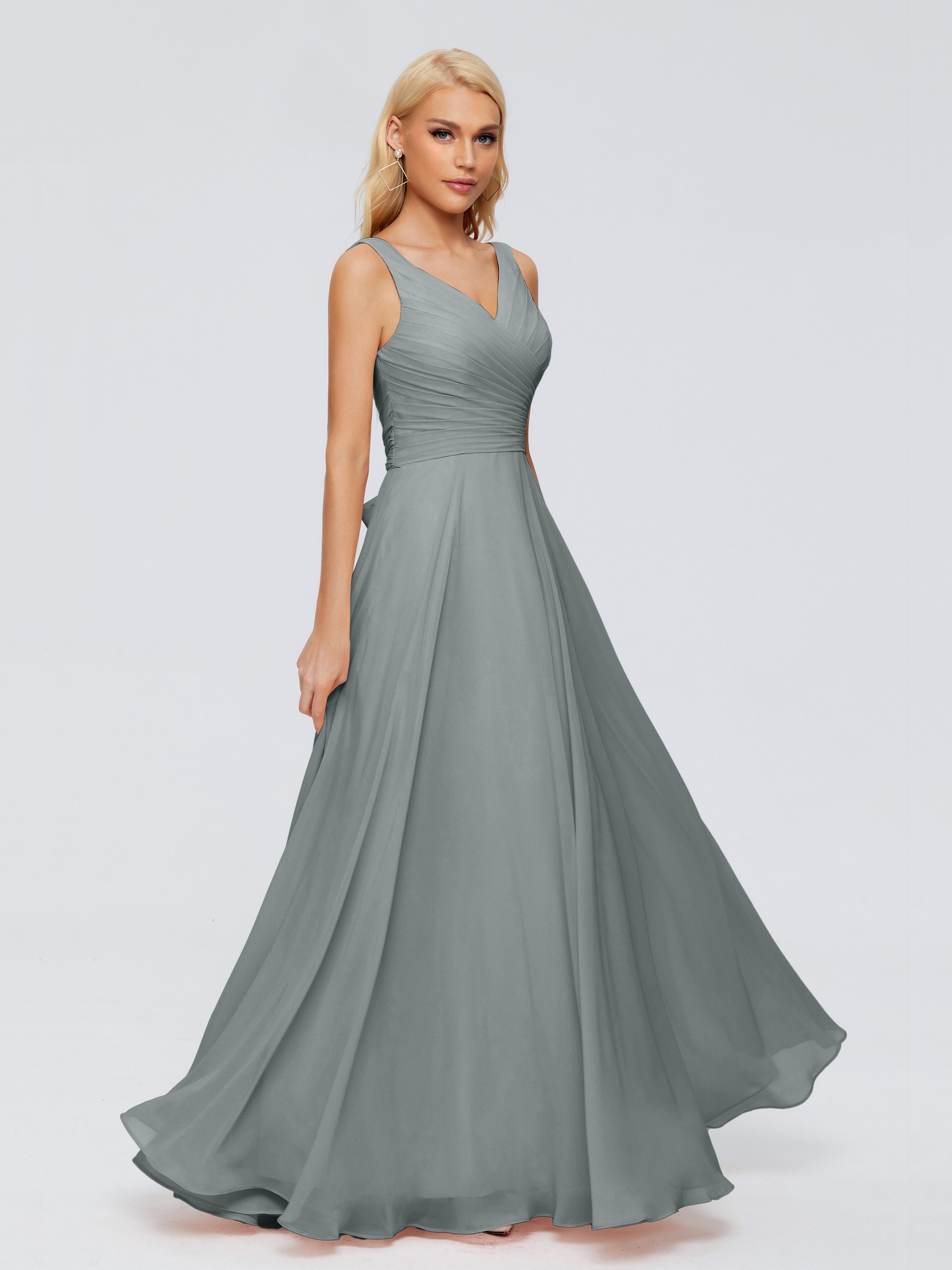 Robe De Demoiselle D Honneur Grise Col V Mousseline Robes Demoiselle D'Honneur Avec Ceinture