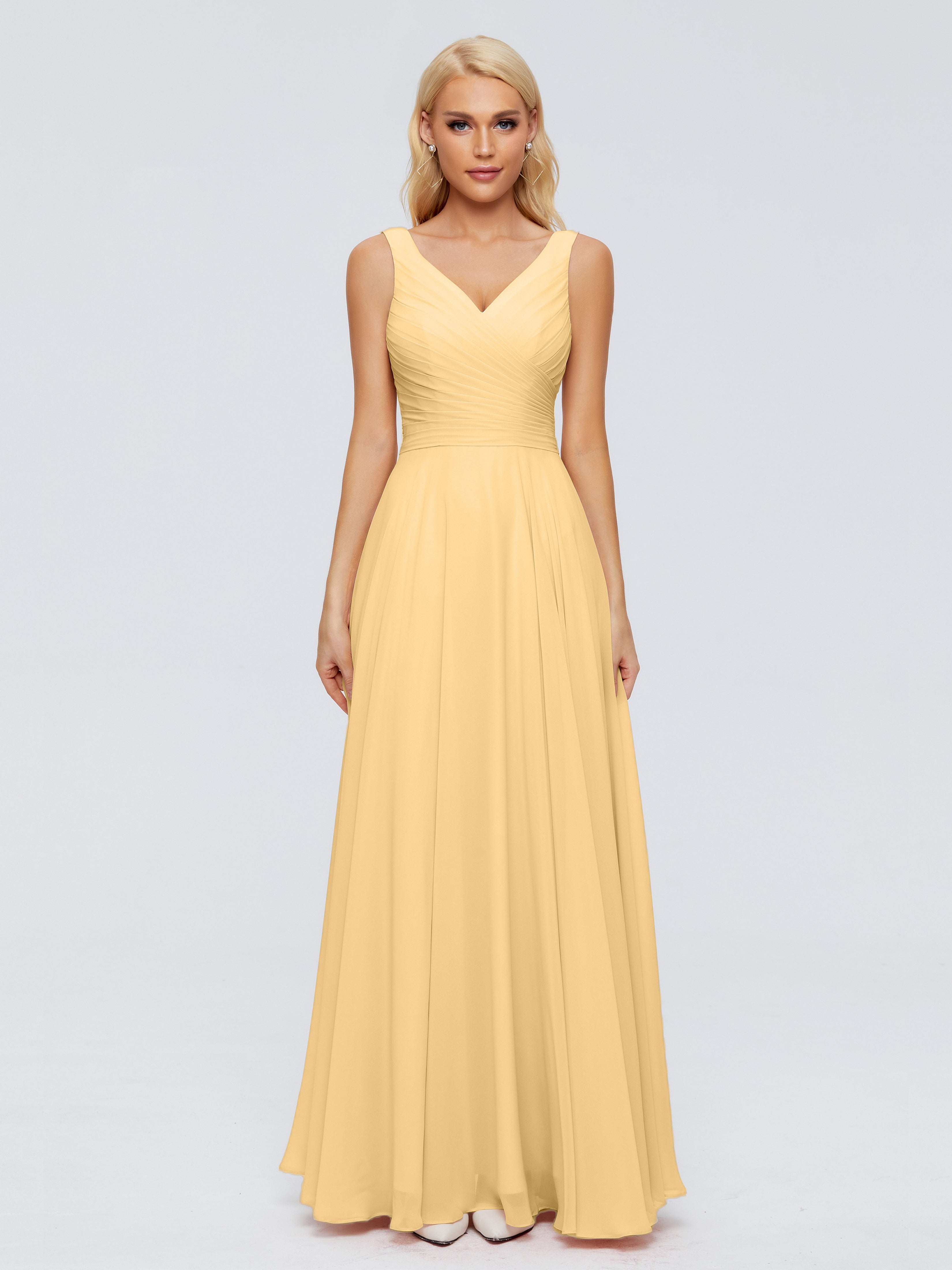 Longues Robes De Demoiselle D'Honneur En Or Col V Mousseline Robes Demoiselle D'Honneur Avec Ceinture
