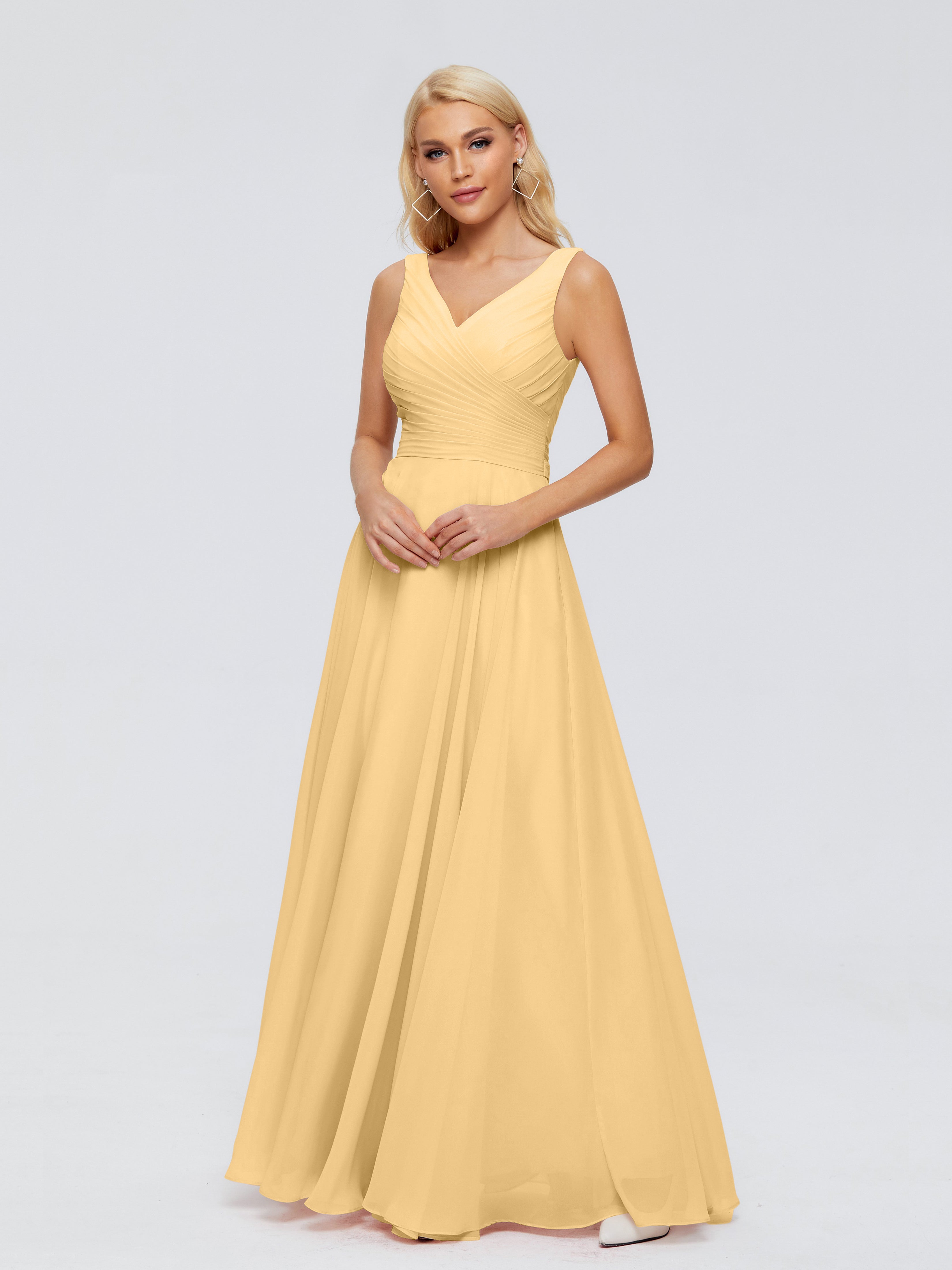 Longues Robes De Demoiselle D'Honneur En Or Col V Mousseline Robes Demoiselle D'Honneur Avec Ceinture