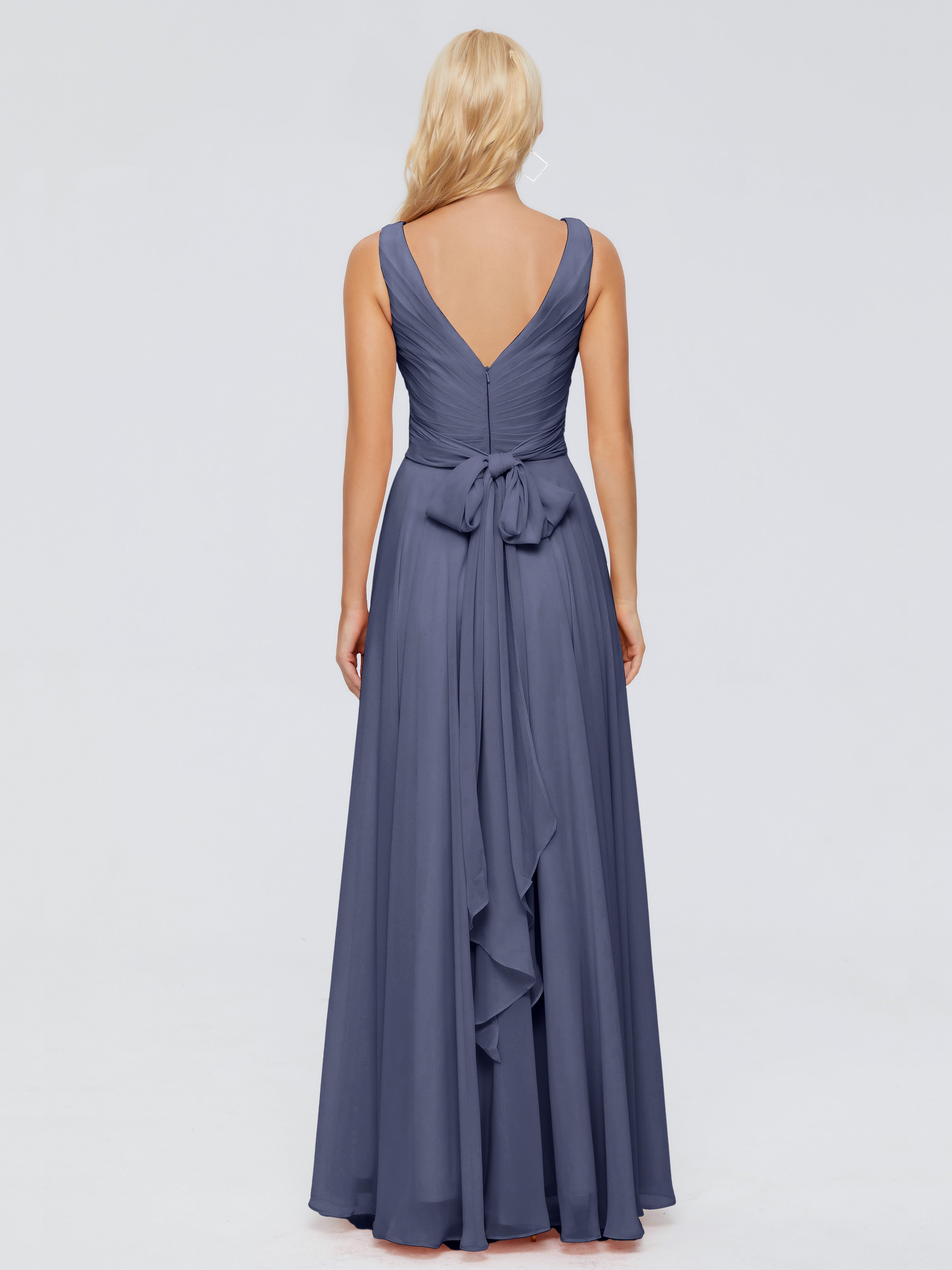 Robes De Demoiselle D'Honneur Bleu Orageux Col V Mousseline Robes Demoiselle D'Honneur Avec Ceinture