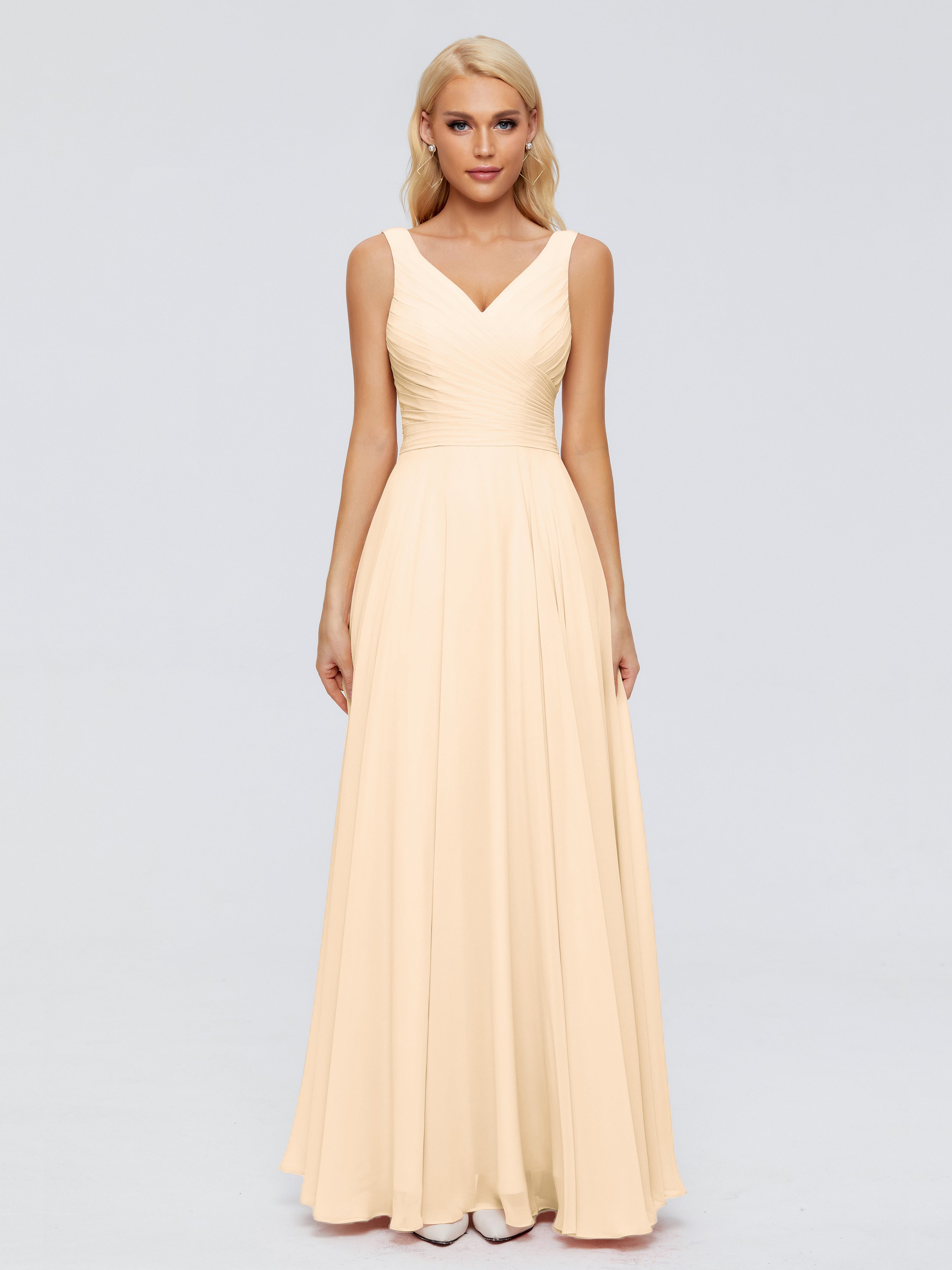 Robe De Demoiselle D Honneur Peche Col V Mousseline Robes Demoiselle D'Honneur Avec Ceinture