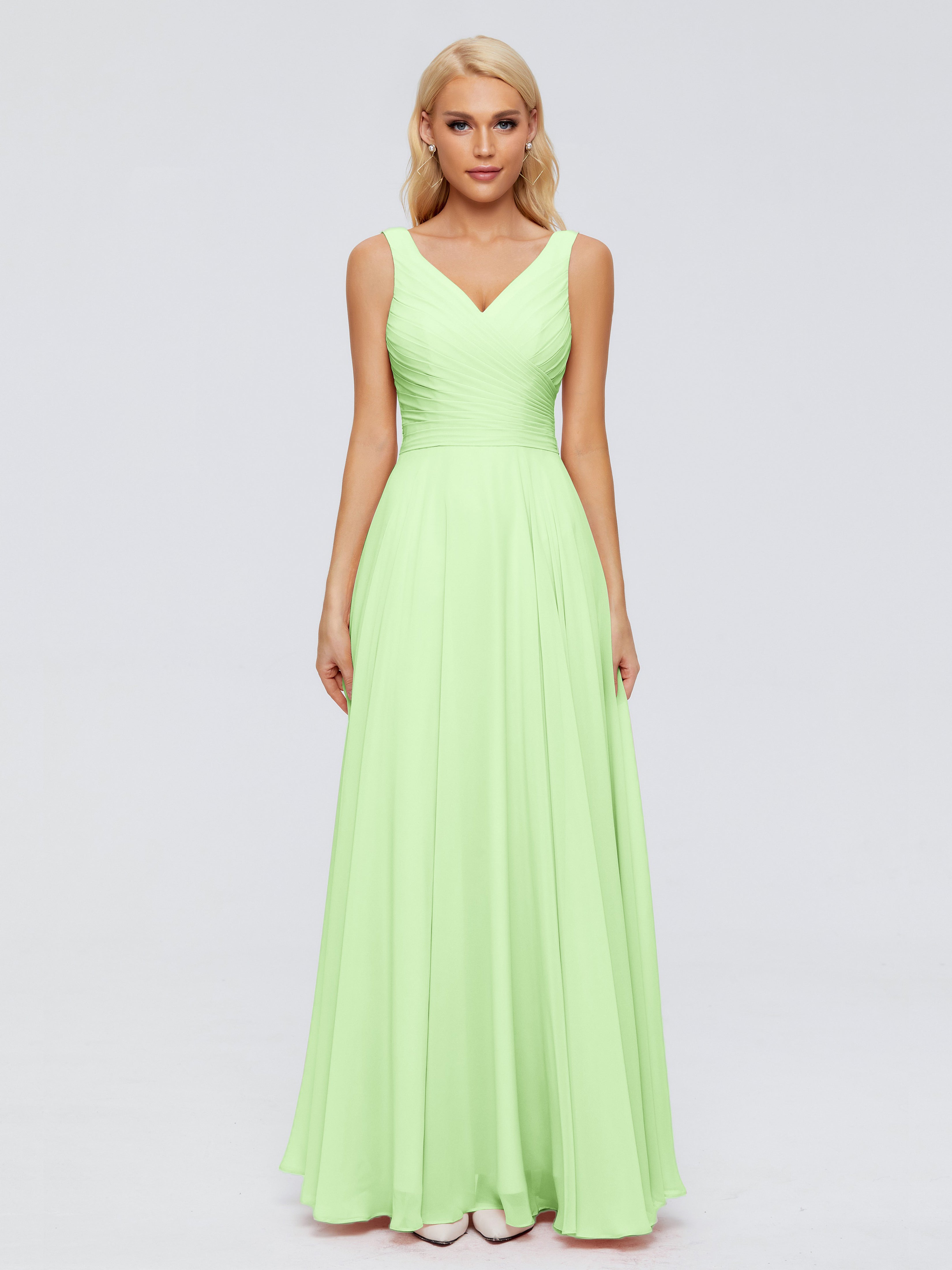 Robes De Demoiselle D'Honneur Vert Sauge Col V Mousseline Robes Demoiselle D'Honneur Avec Ceinture