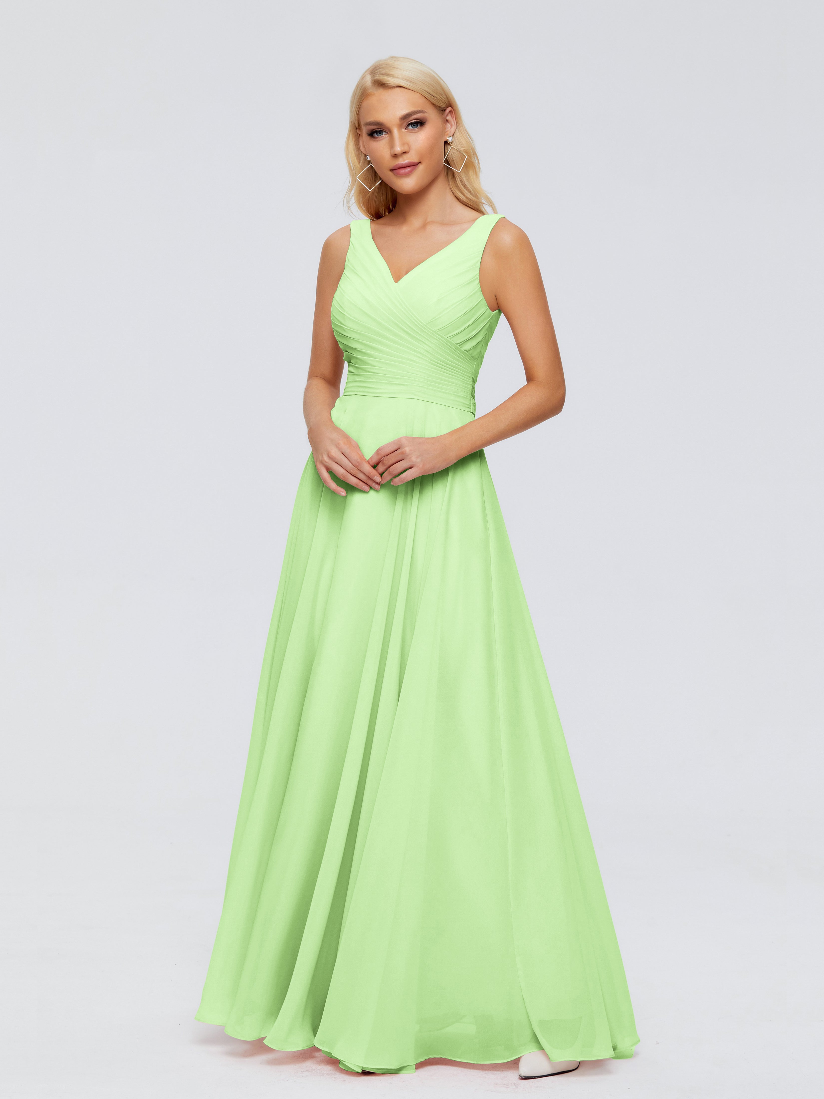 Robes De Demoiselle D'Honneur Vert Sauge Col V Mousseline Robes Demoiselle D'Honneur Avec Ceinture