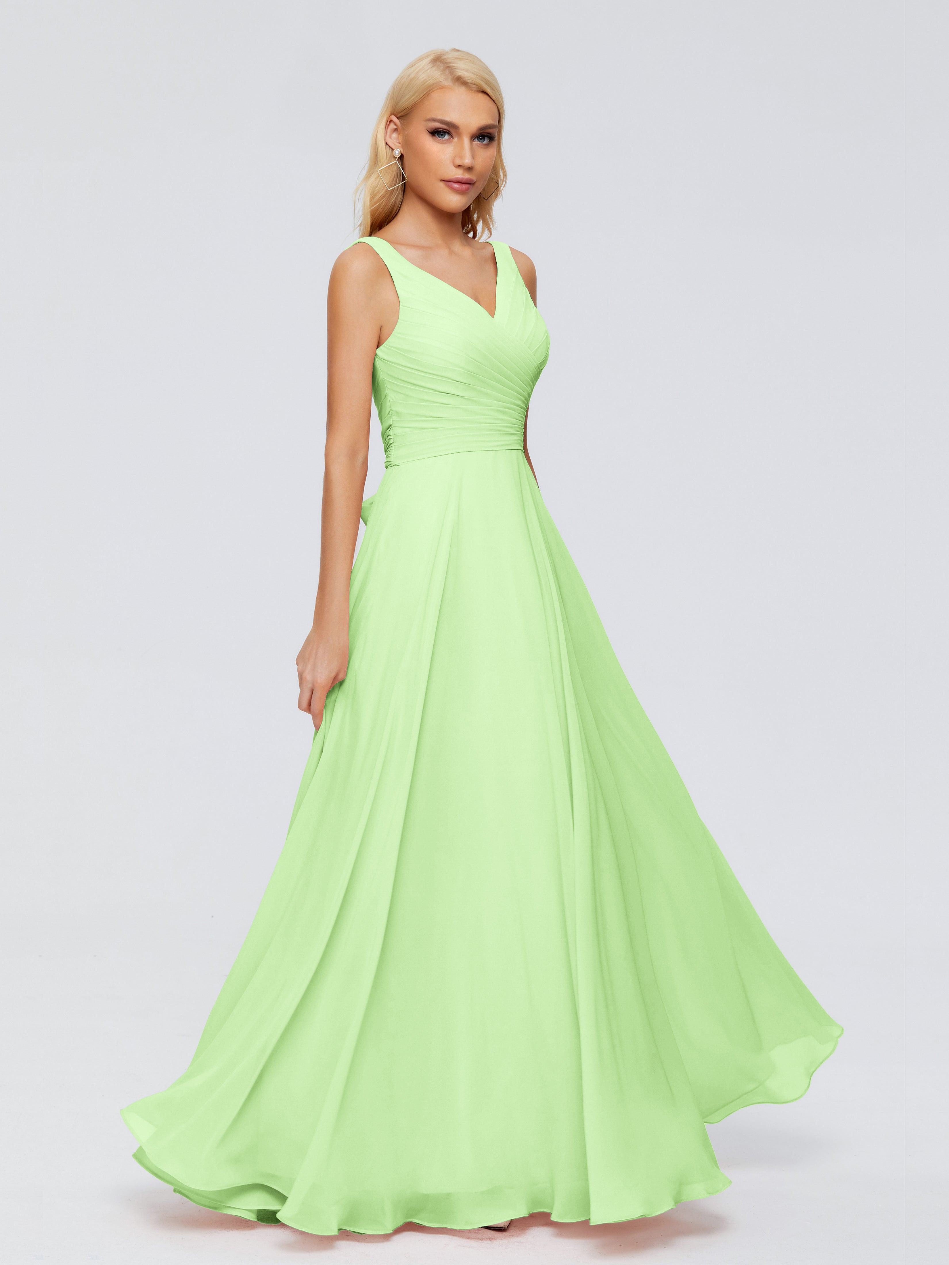 Robes De Demoiselle D'Honneur Vert Sauge Col V Mousseline Robes Demoiselle D'Honneur Avec Ceinture