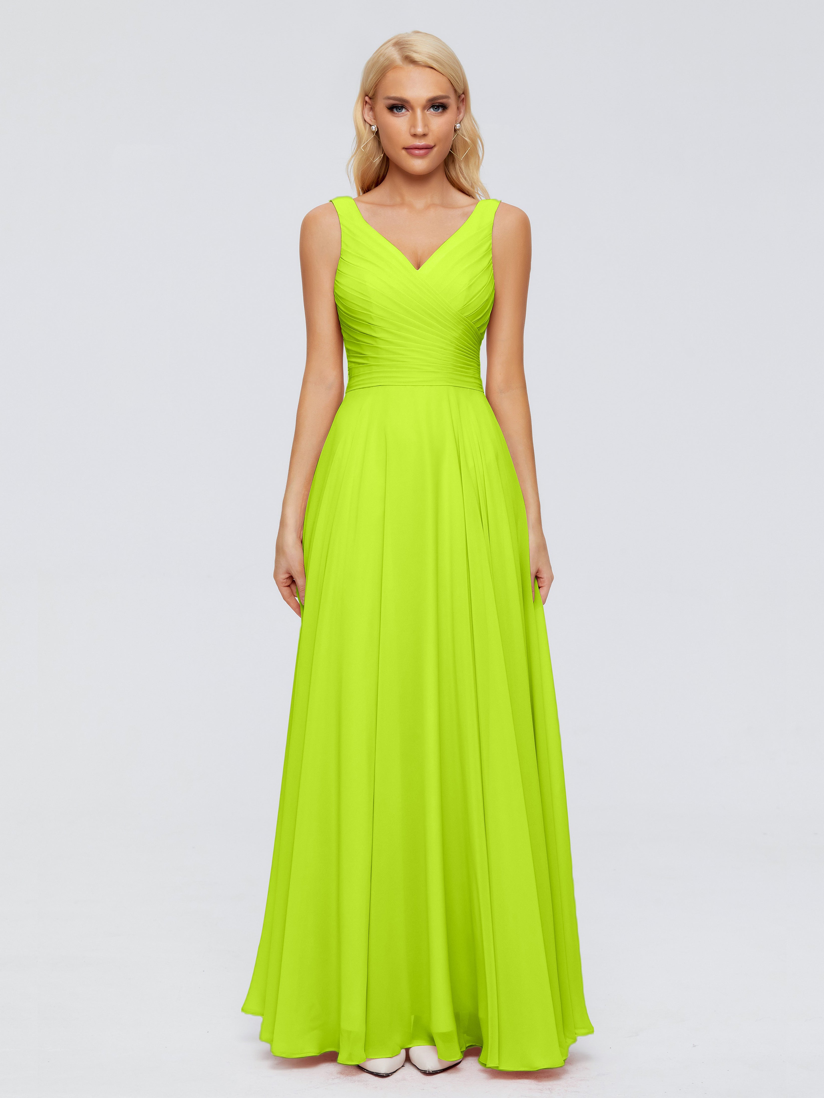Robes De Demoiselle D'Honneur Vert Citron Col V Mousseline Robes Demoiselle D'Honneur Avec Ceinture