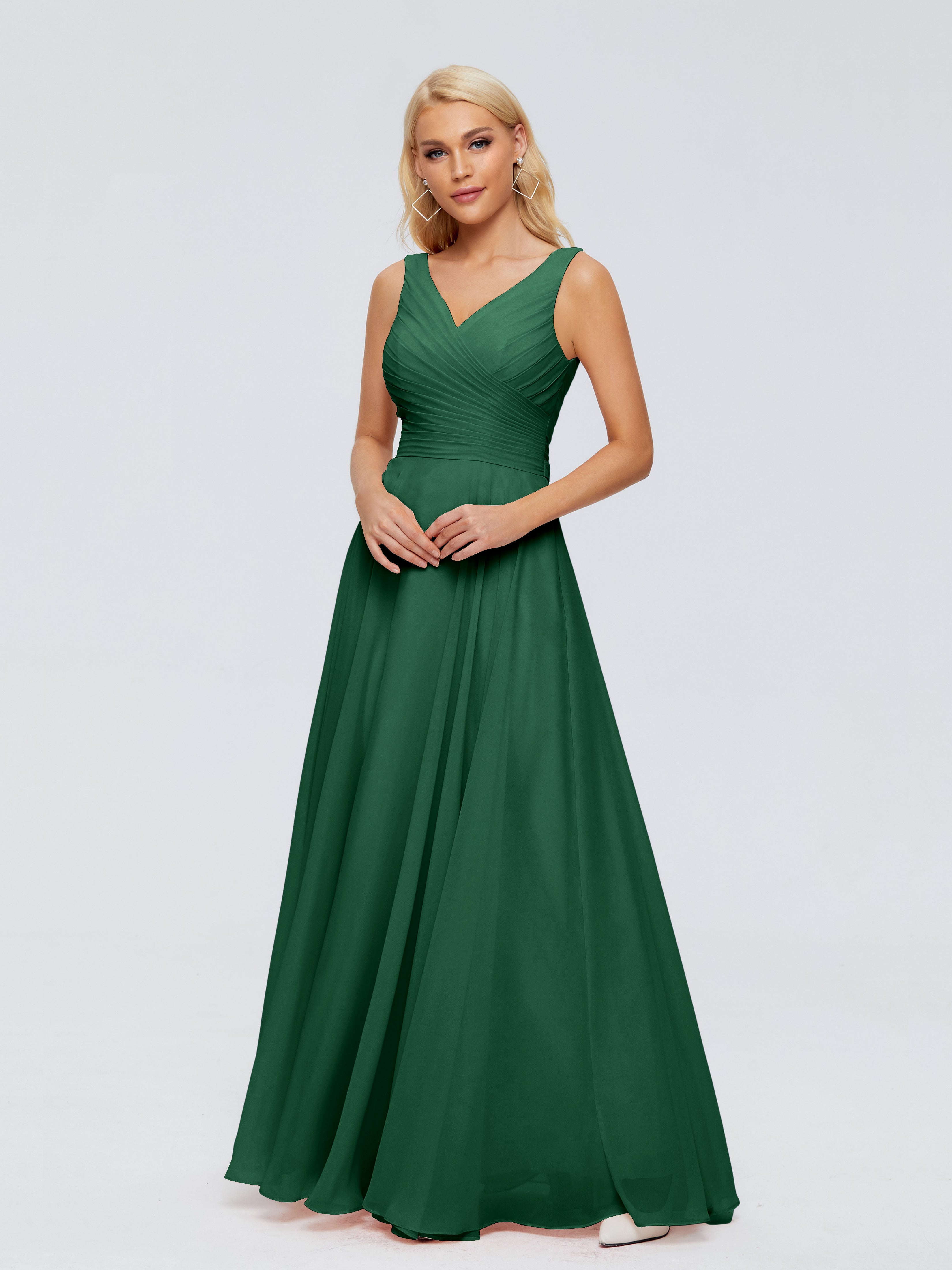 Demoiselle D'Honneur Vert Foncé Col V Mousseline Robes Demoiselle D'Honneur Avec Ceinture