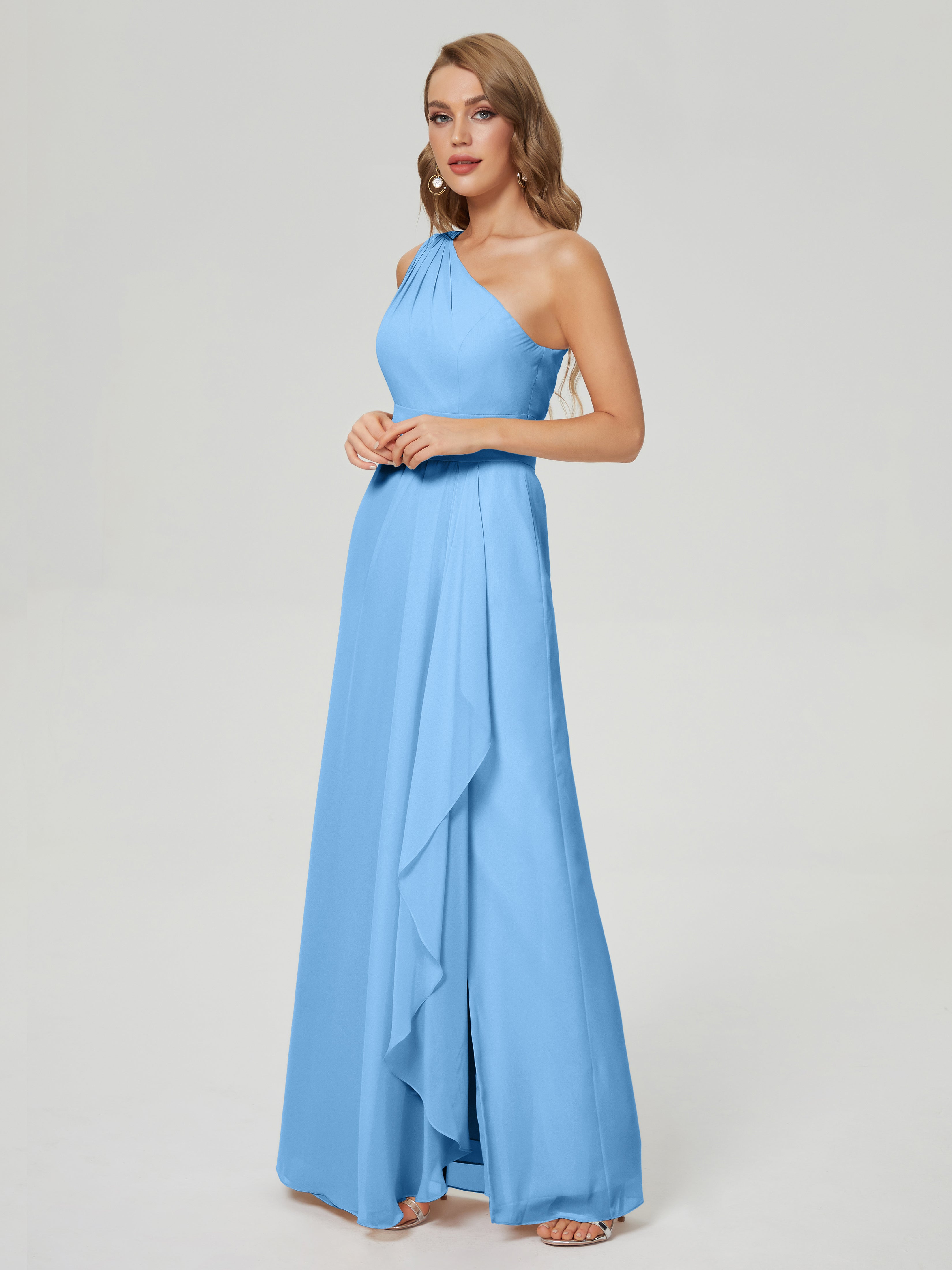 Robe Bleu Demoiselle D Honneur Fendue Seule-Épaule Mousseline Robes Demoiselle D'Honneur À Volants