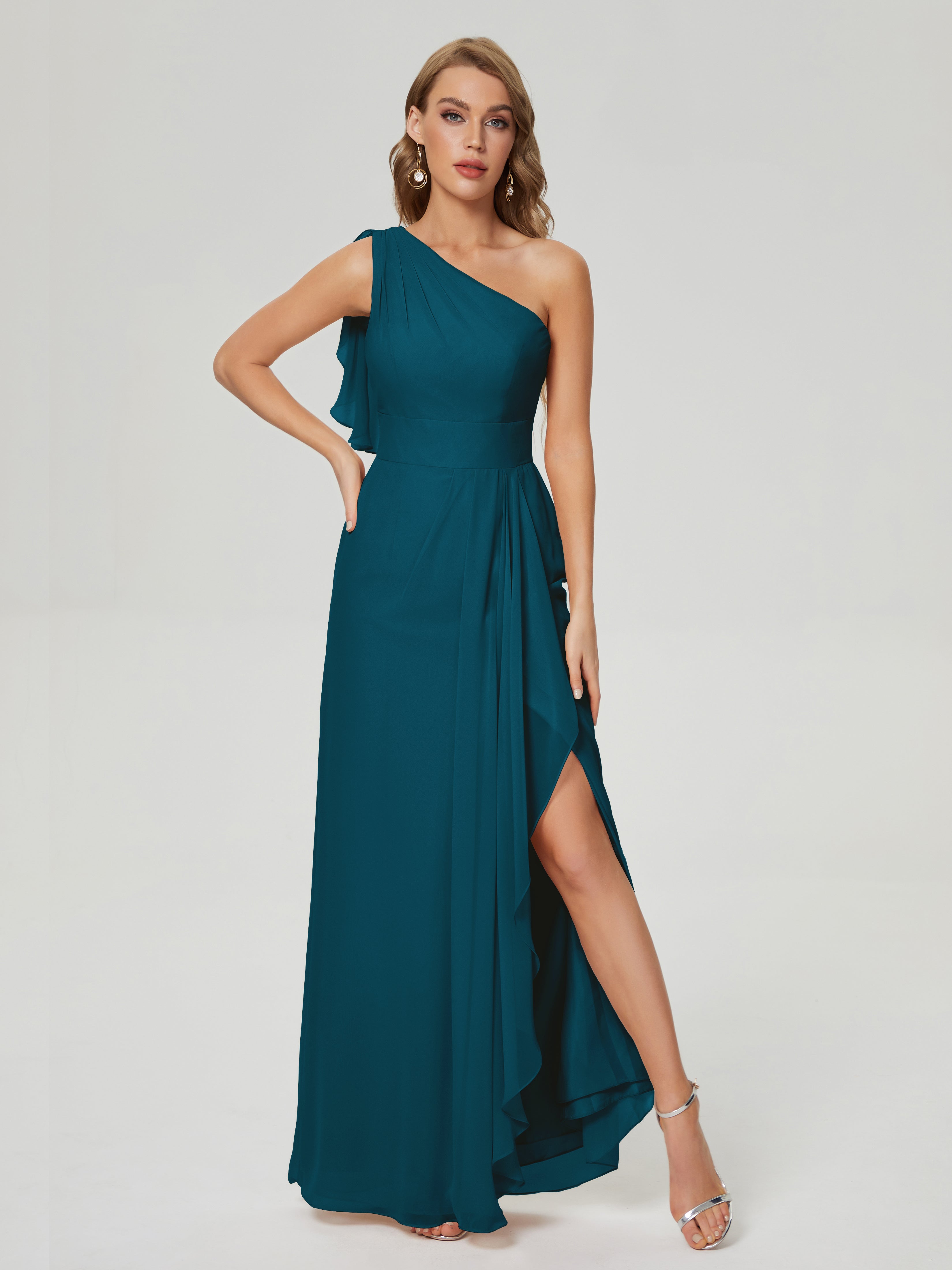 Robe De Demoiselle D'Honneur Bleu Encre Fendue Seule-Épaule Mousseline Robes Demoiselle D'Honneur À Volants