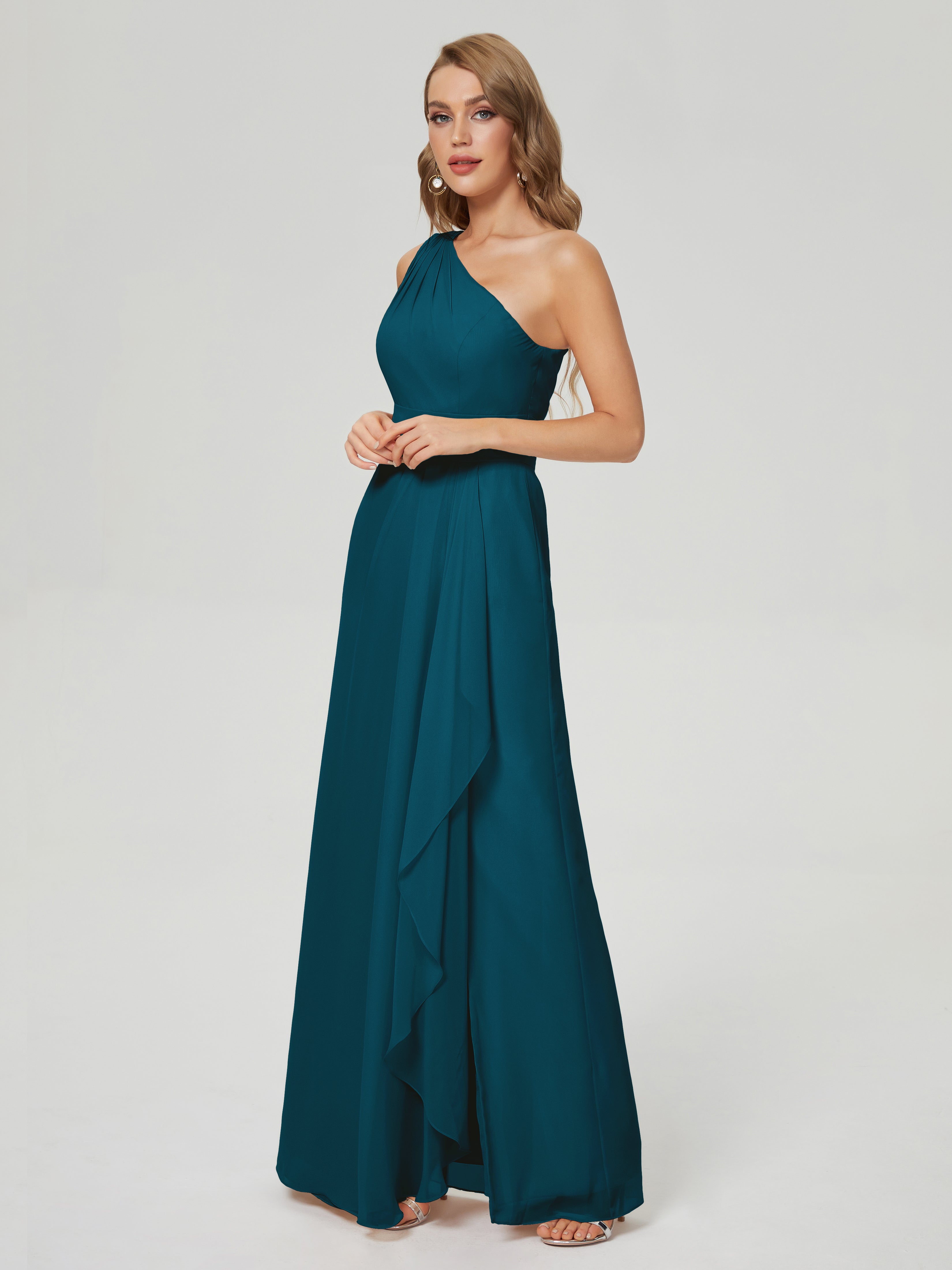Robe De Demoiselle D'Honneur Bleu Encre Fendue Seule-Épaule Mousseline Robes Demoiselle D'Honneur À Volants