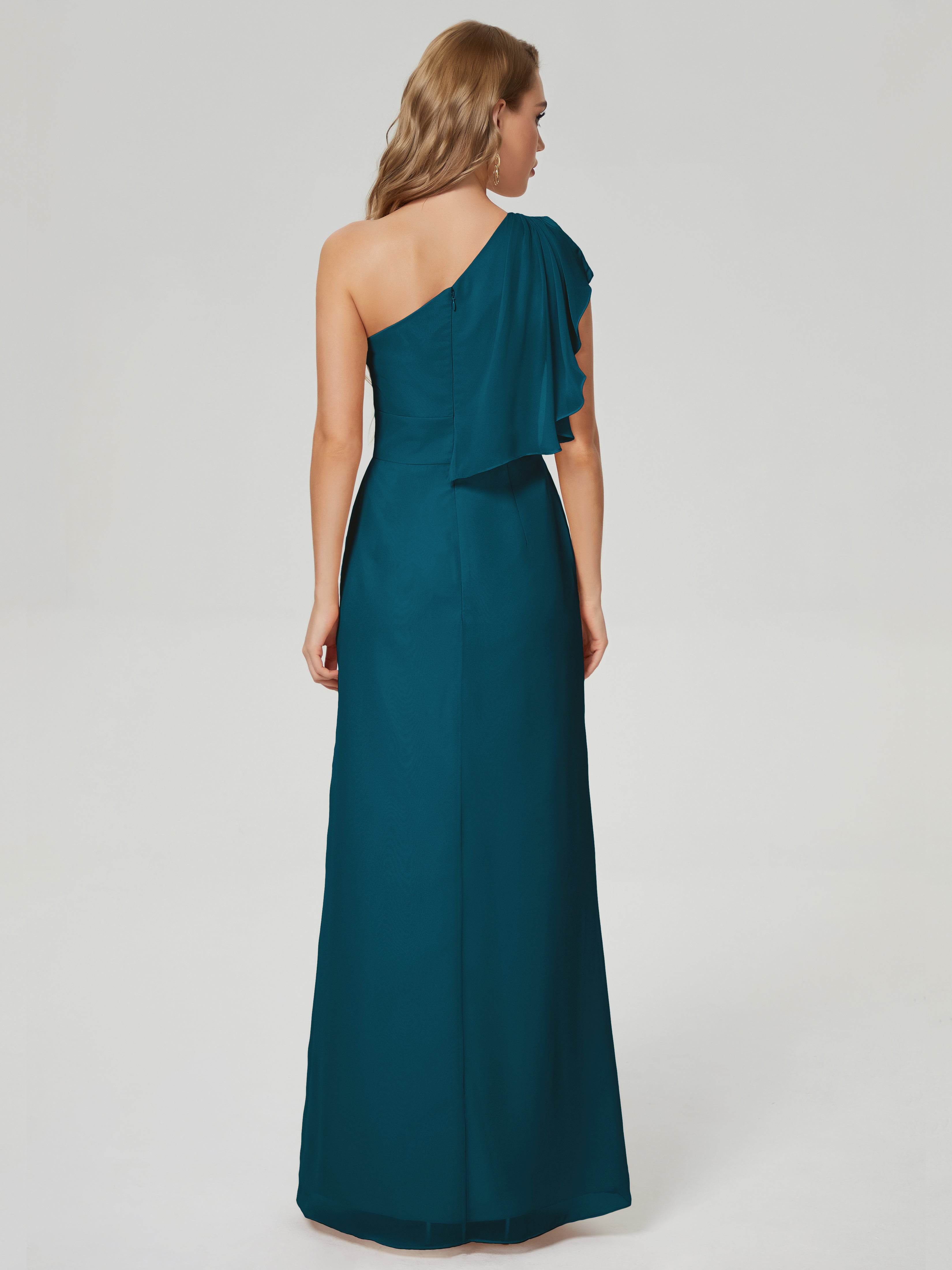 Robe De Demoiselle D'Honneur Bleu Encre Fendue Seule-Épaule Mousseline Robes Demoiselle D'Honneur À Volants