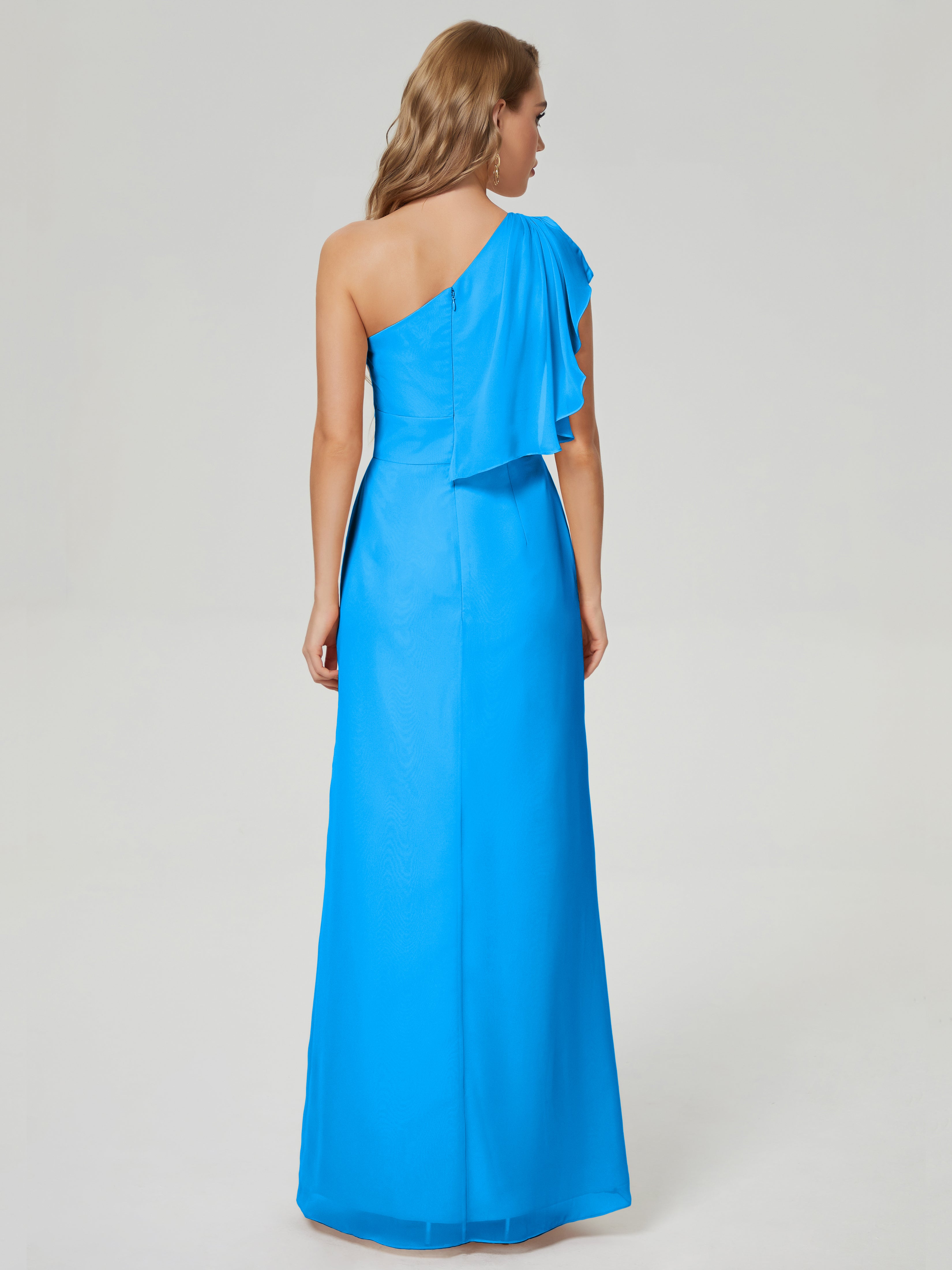 Robes De Demoiselle D'Honneur Bleu Océan Fendue Seule-Épaule Mousseline Robes Demoiselle D'Honneur À Volants