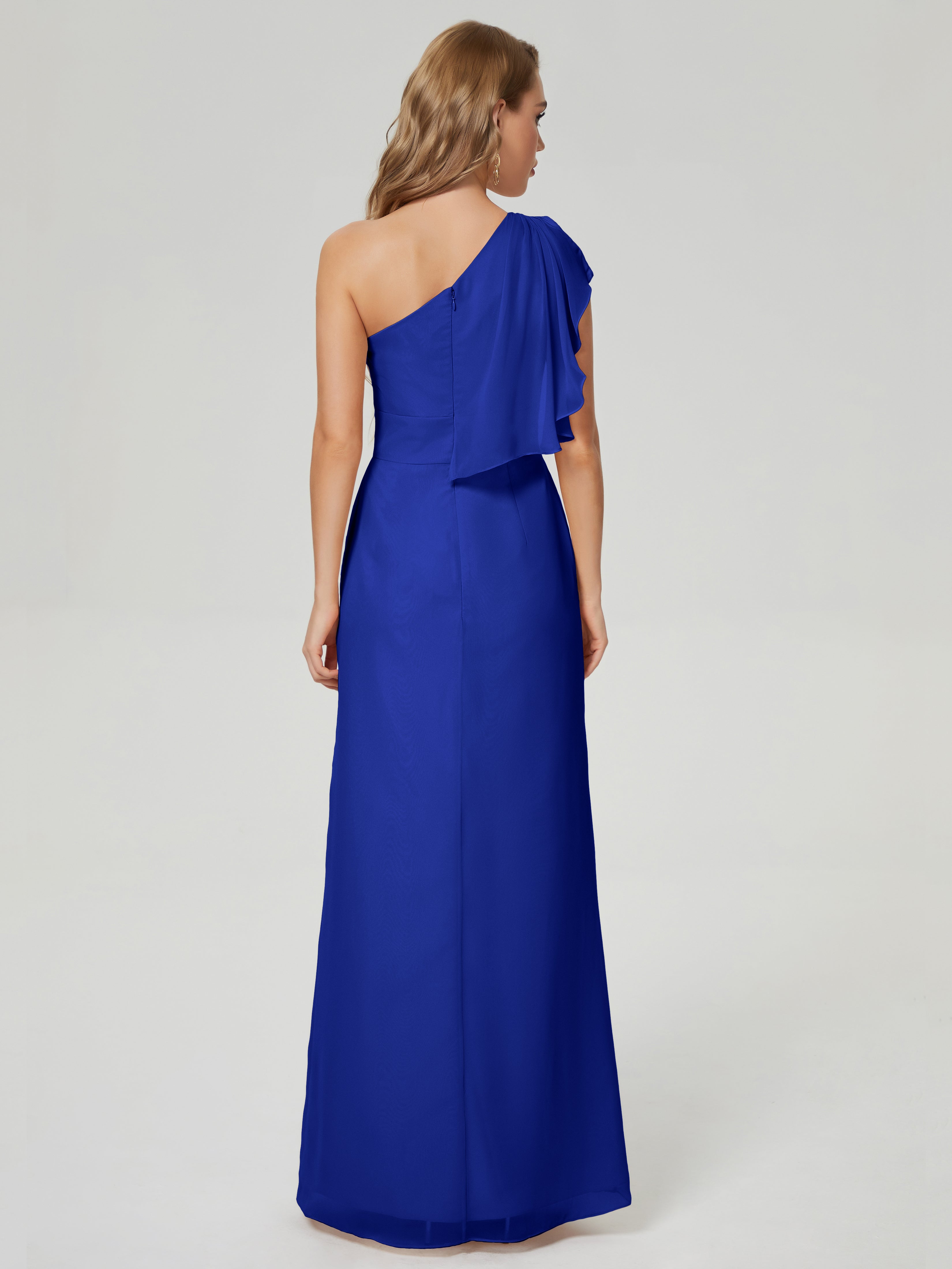 Long Robe Demoiselle D Honneur Bleu Roi Fendue Seule-Épaule Mousseline Robes Demoiselle D'Honneur À Volants
