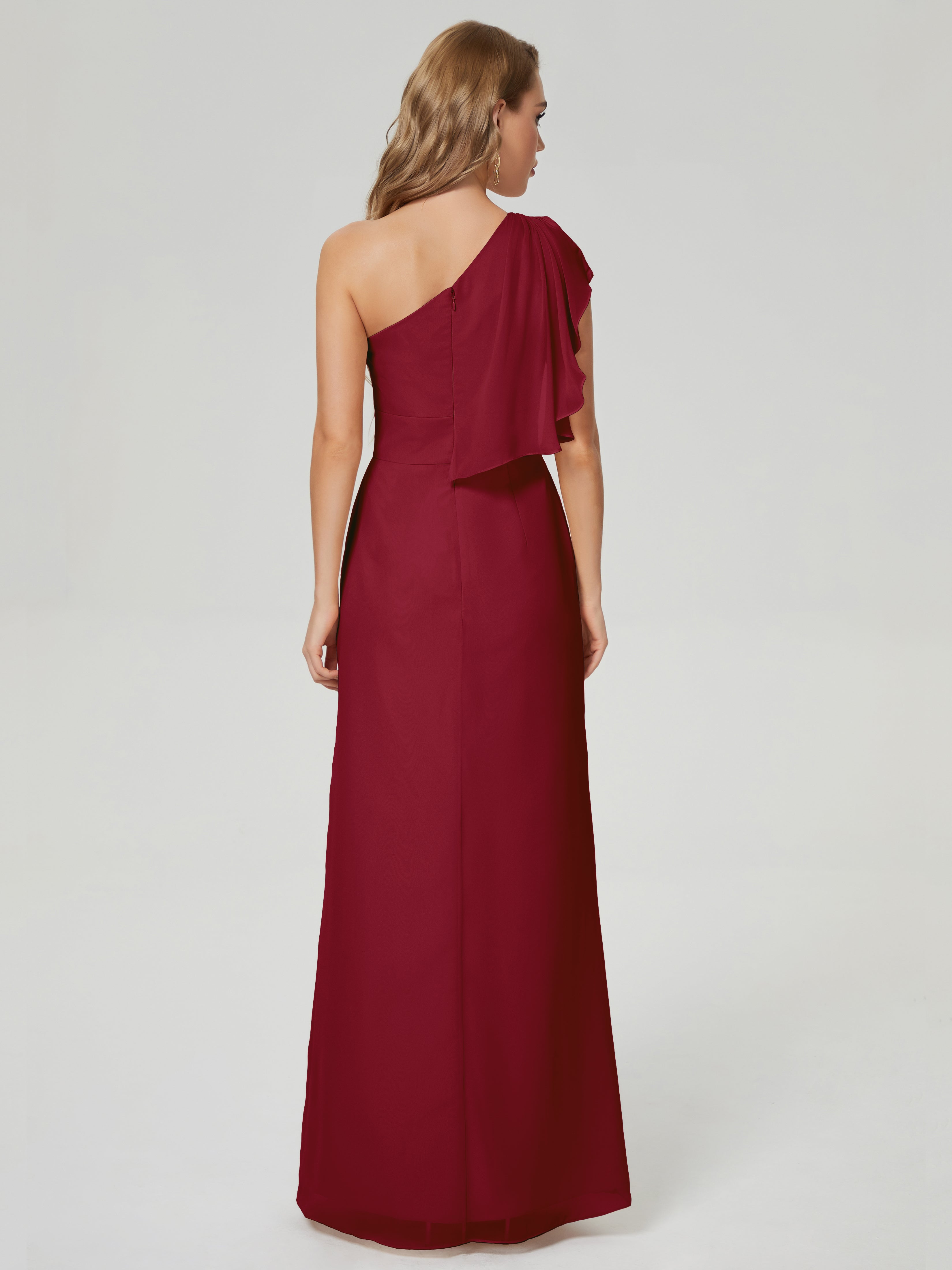 Robe Longue Demoiselle D Honneur Bordeaux Fendue Seule-Épaule Mousseline Robes Demoiselle D'Honneur À Volants