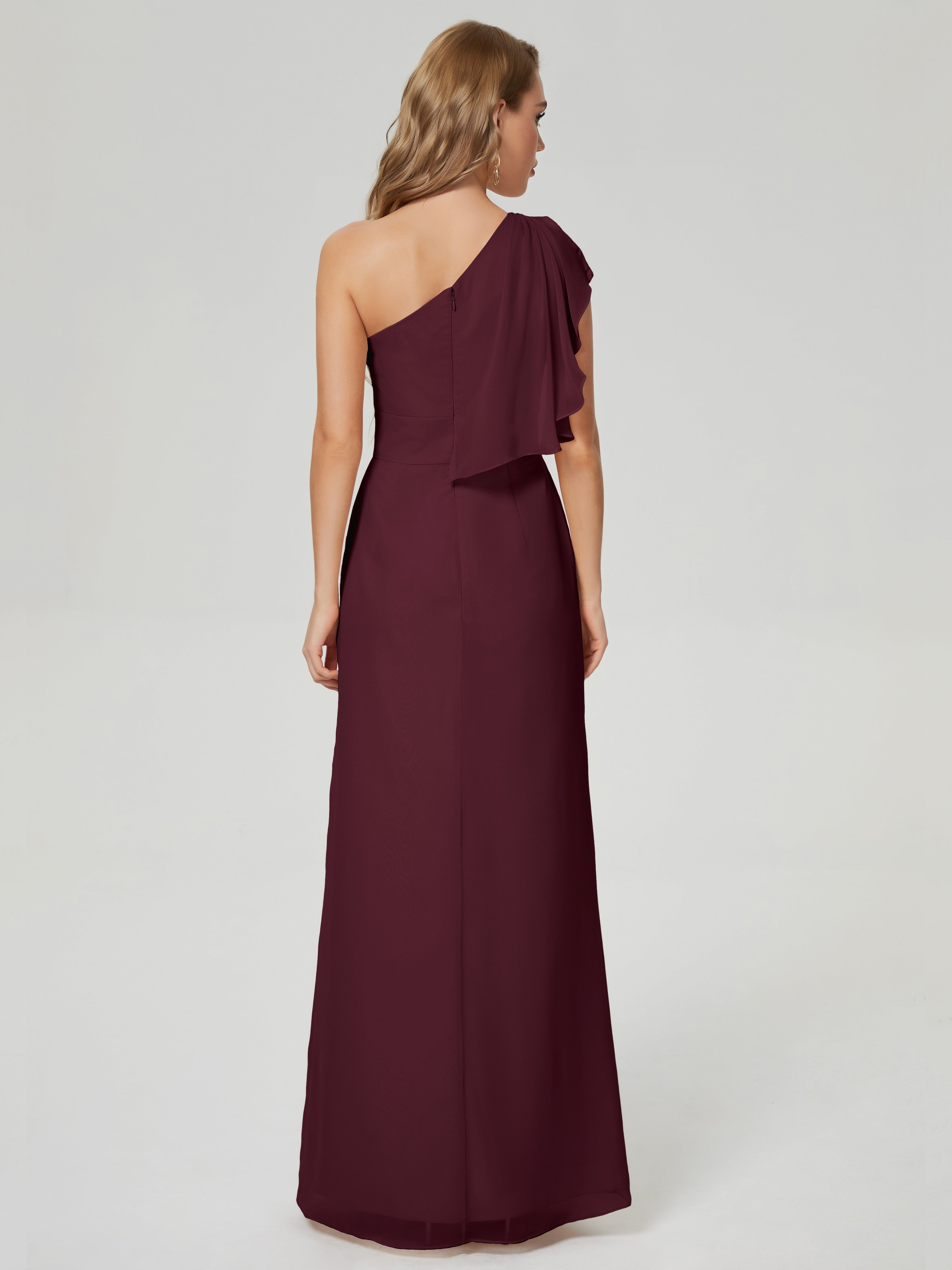 Robes De Demoiselle D'Honneur Cabernet Fendue Seule-Épaule Mousseline Robes Demoiselle D'Honneur À Volants