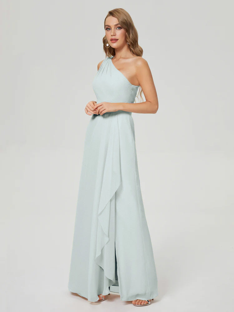 Robe Demoiselle D Honneur Celadon Fendue Seule-Épaule Mousseline Robes Demoiselle D'Honneur À Volants