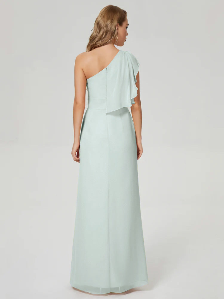Robe Demoiselle D Honneur Celadon Fendue Seule-Épaule Mousseline Robes Demoiselle D'Honneur À Volants
