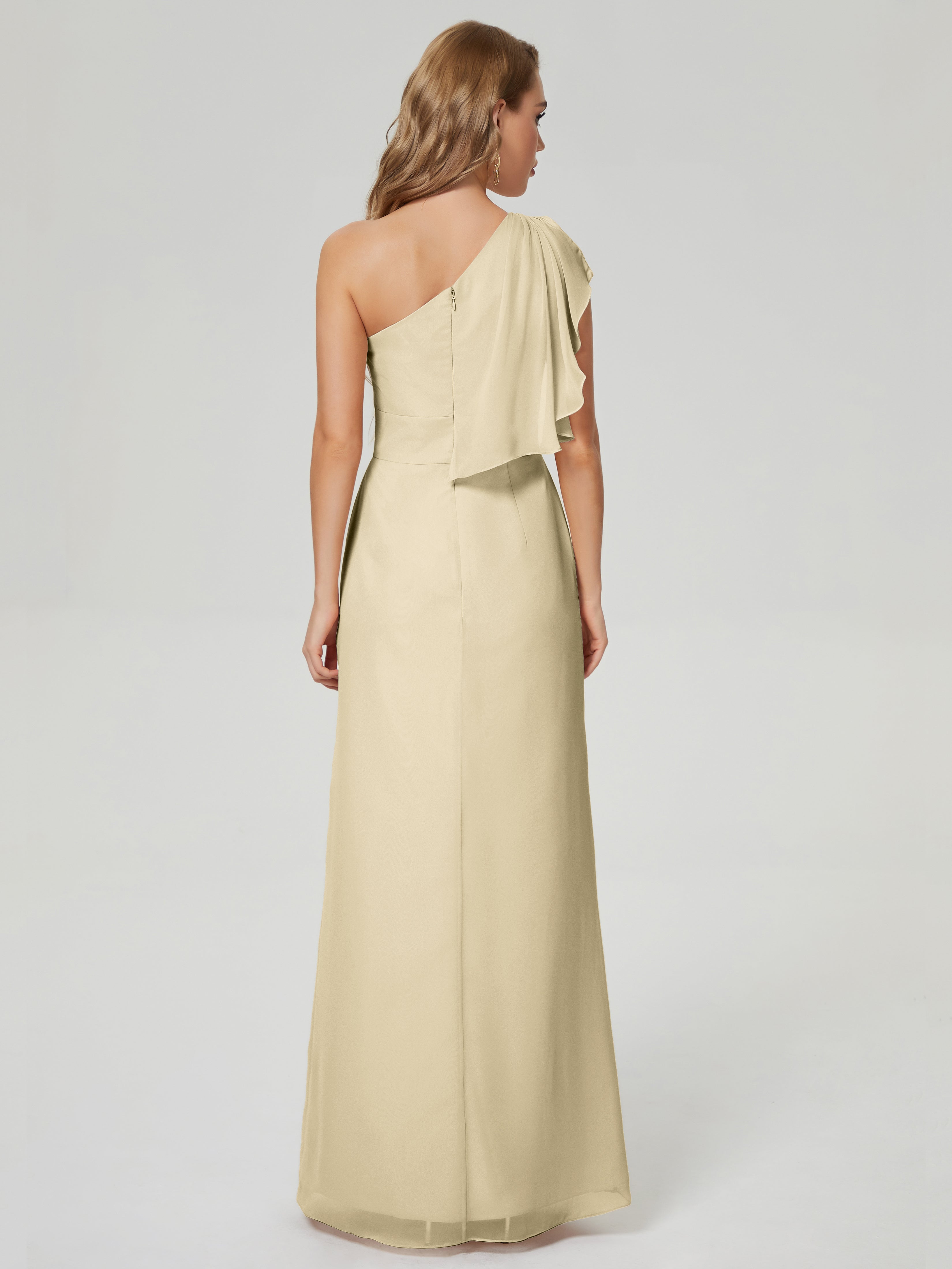 Robe De Demoiselle D Honneur Champagne Fendue Seule-Épaule Mousseline Robes Demoiselle D'Honneur À Volants