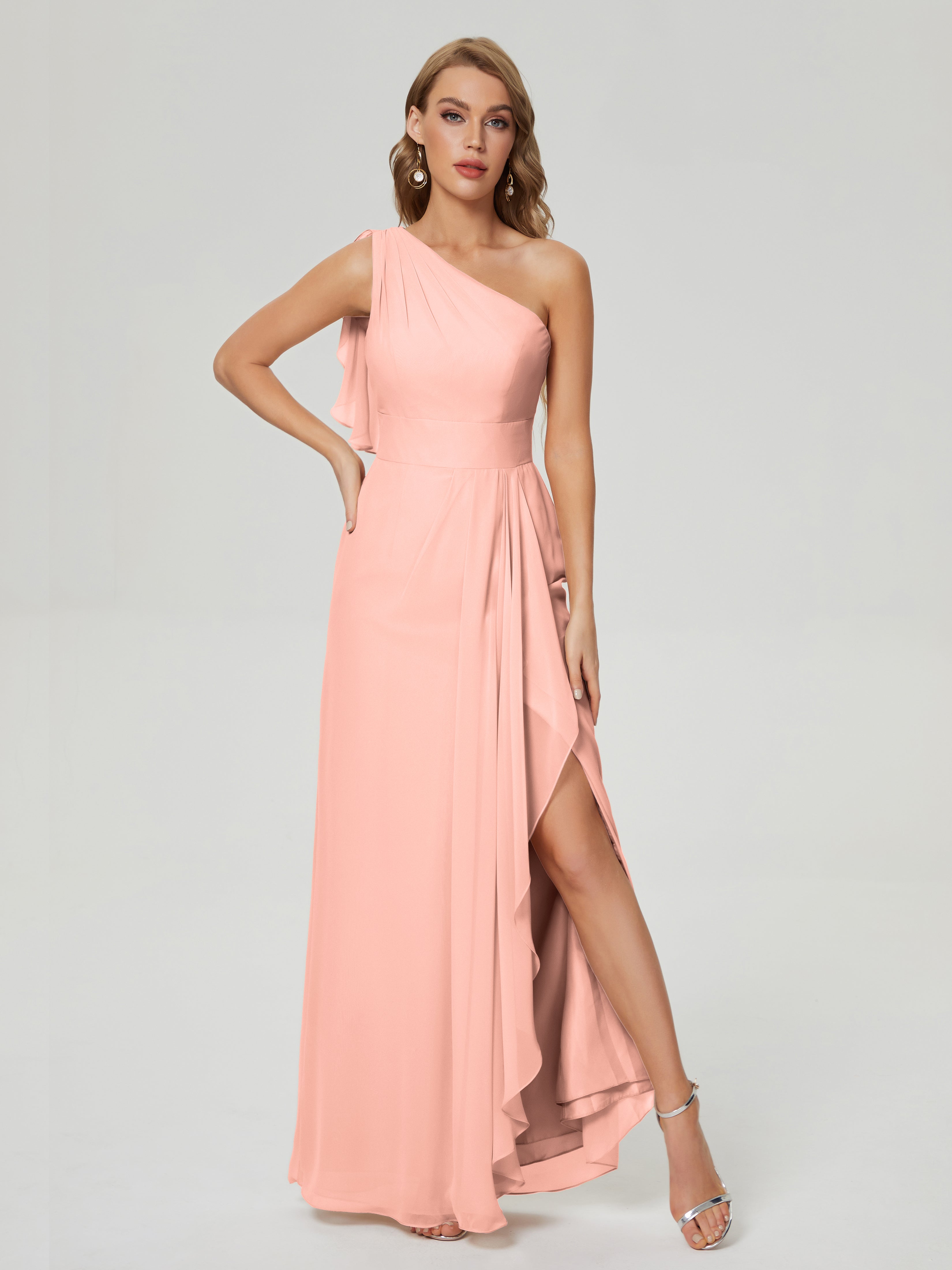 Robes De Demoiselle D'Honneur Corail Fendue Seule-Épaule Mousseline Robes Demoiselle D'Honneur À Volants