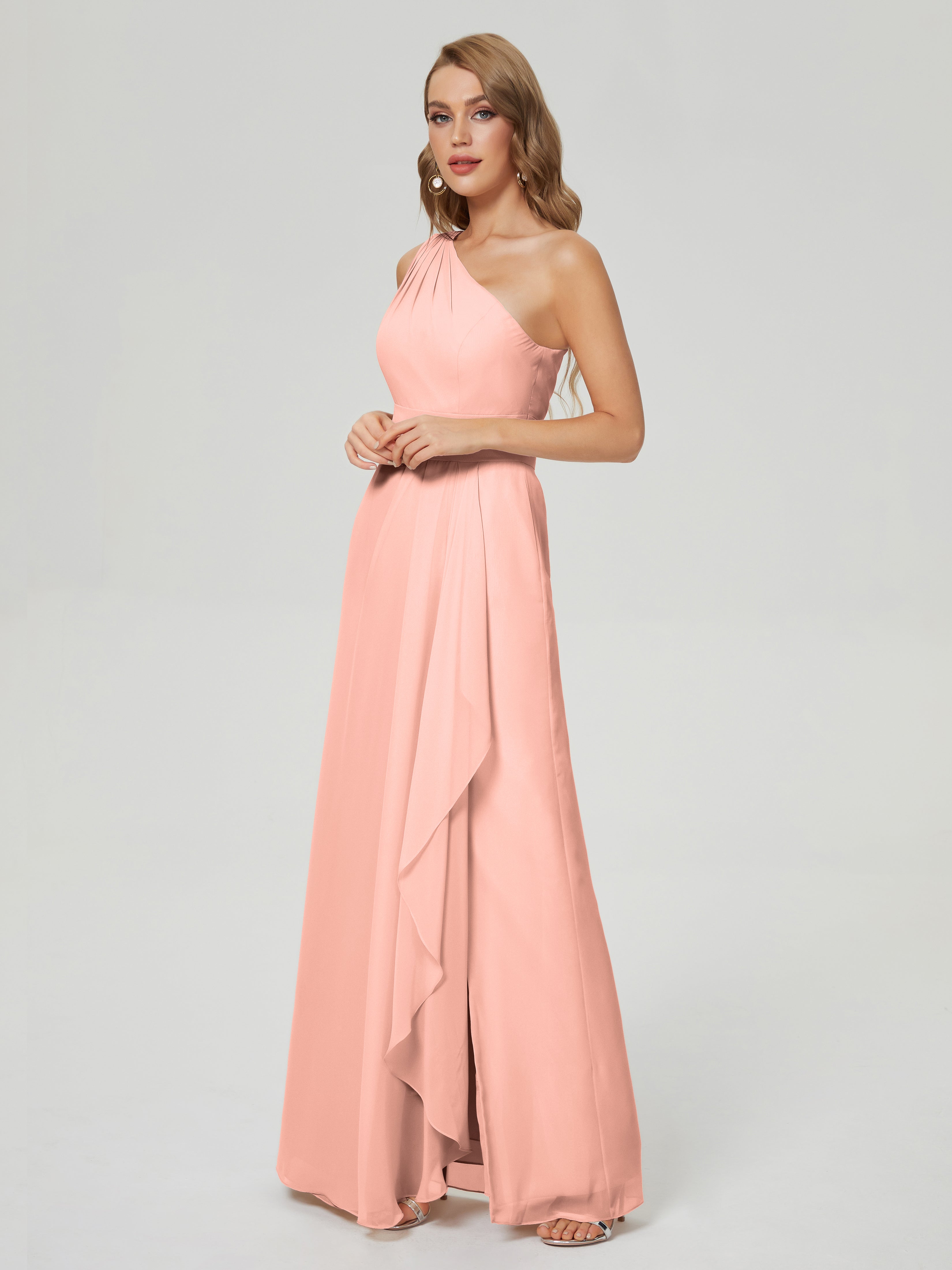 Robes De Demoiselle D'Honneur Corail Fendue Seule-Épaule Mousseline Robes Demoiselle D'Honneur À Volants