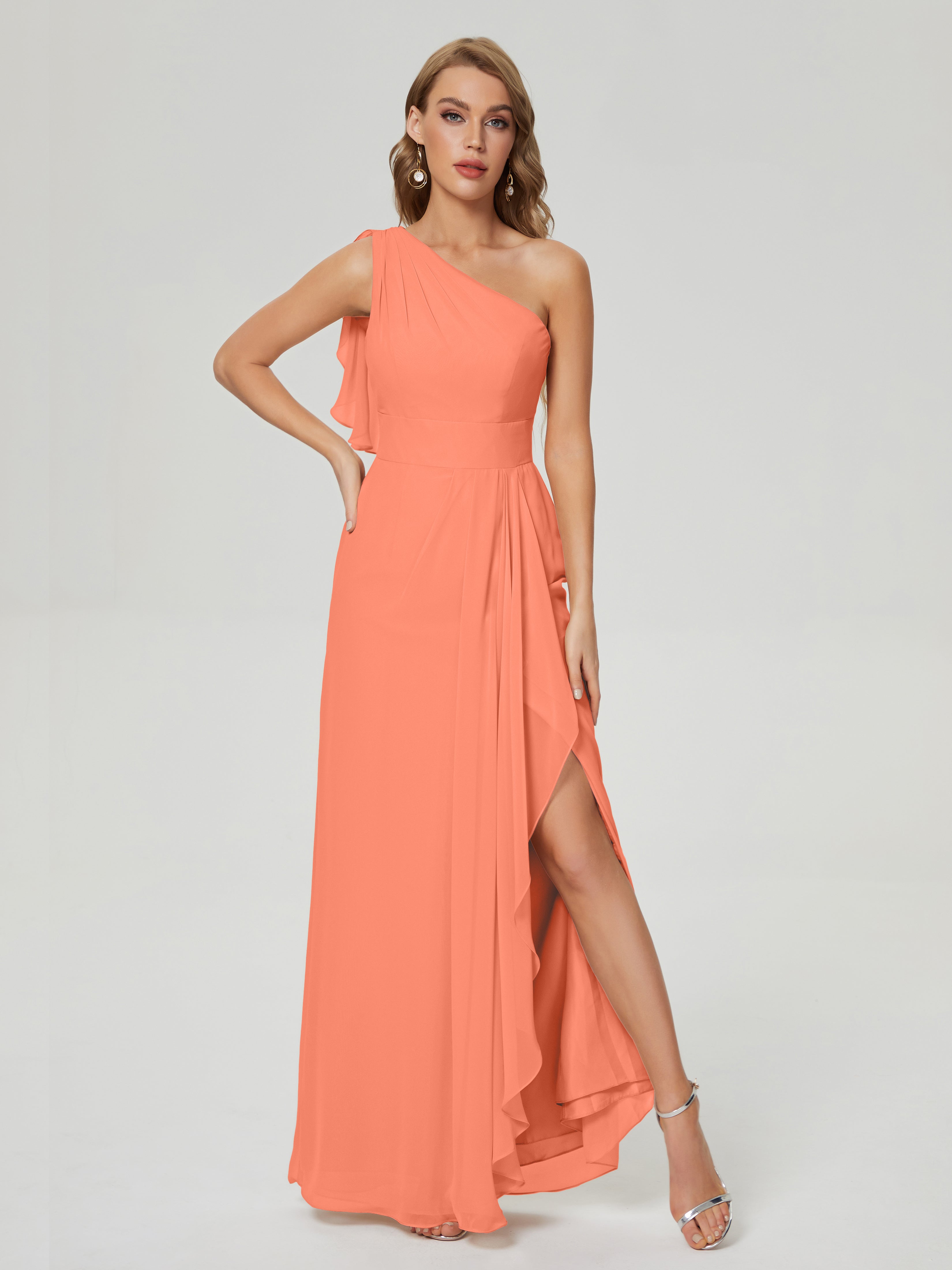 Robes De Demoiselle D'Honneur Coucher De Soleil Fendue Seule-Épaule Mousseline Robes Demoiselle D'Honneur À Volants