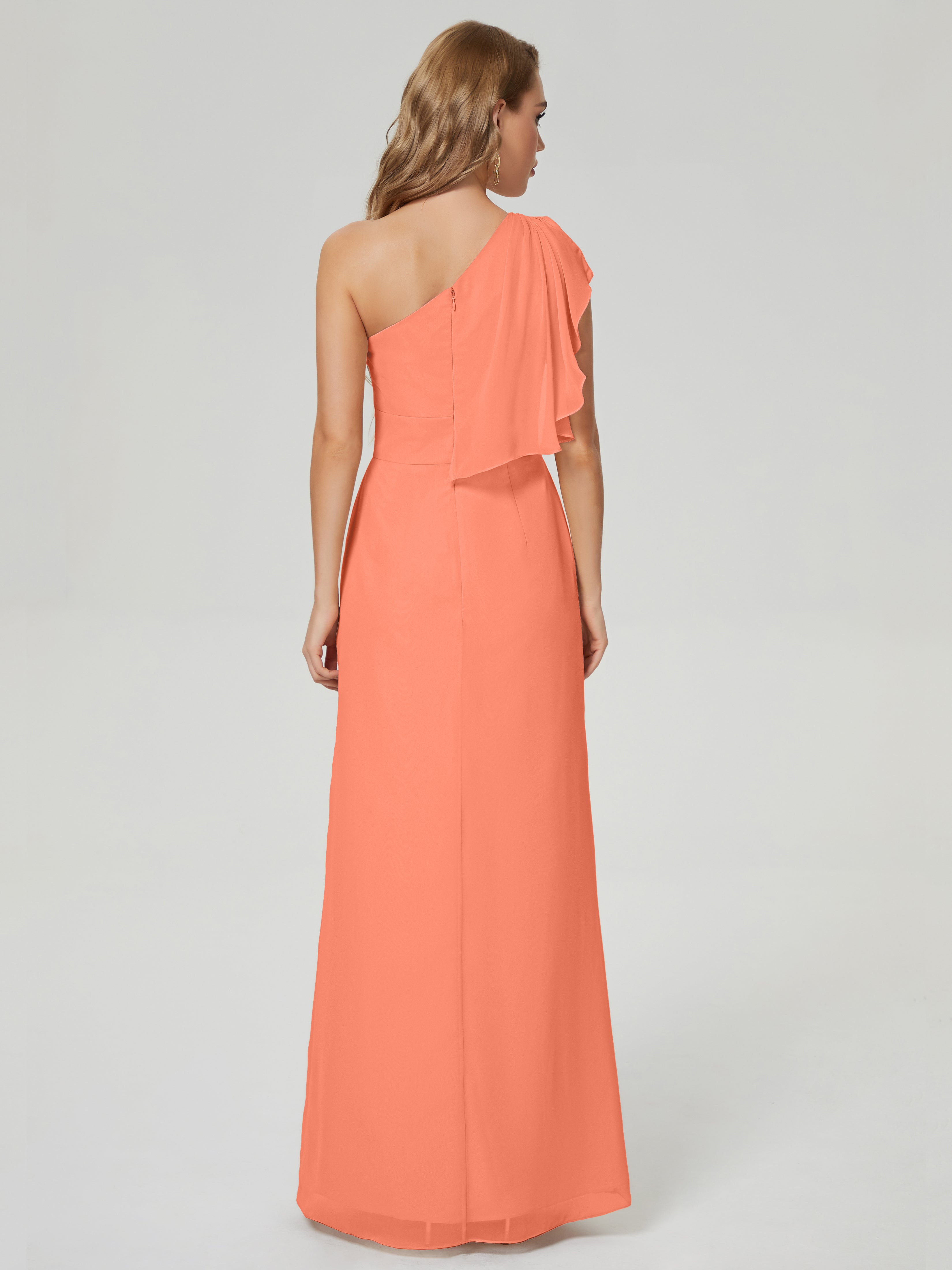 Robes De Demoiselle D'Honneur Coucher De Soleil Fendue Seule-Épaule Mousseline Robes Demoiselle D'Honneur À Volants