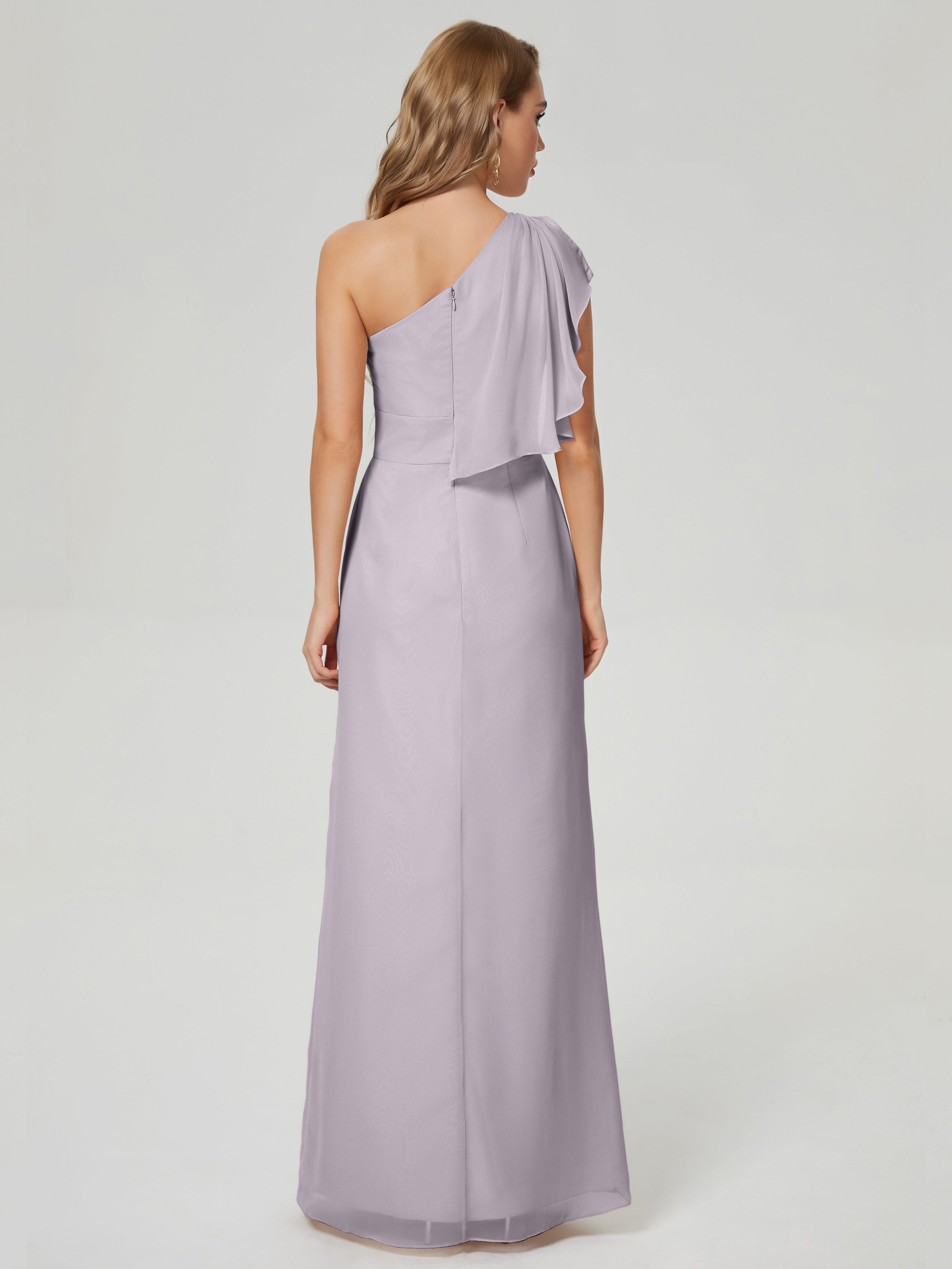 Robes De Demoiselle D'Honneur Couleur Crépuscule Fendue Seule-Épaule Mousseline Robes Demoiselle D'Honneur À Volants