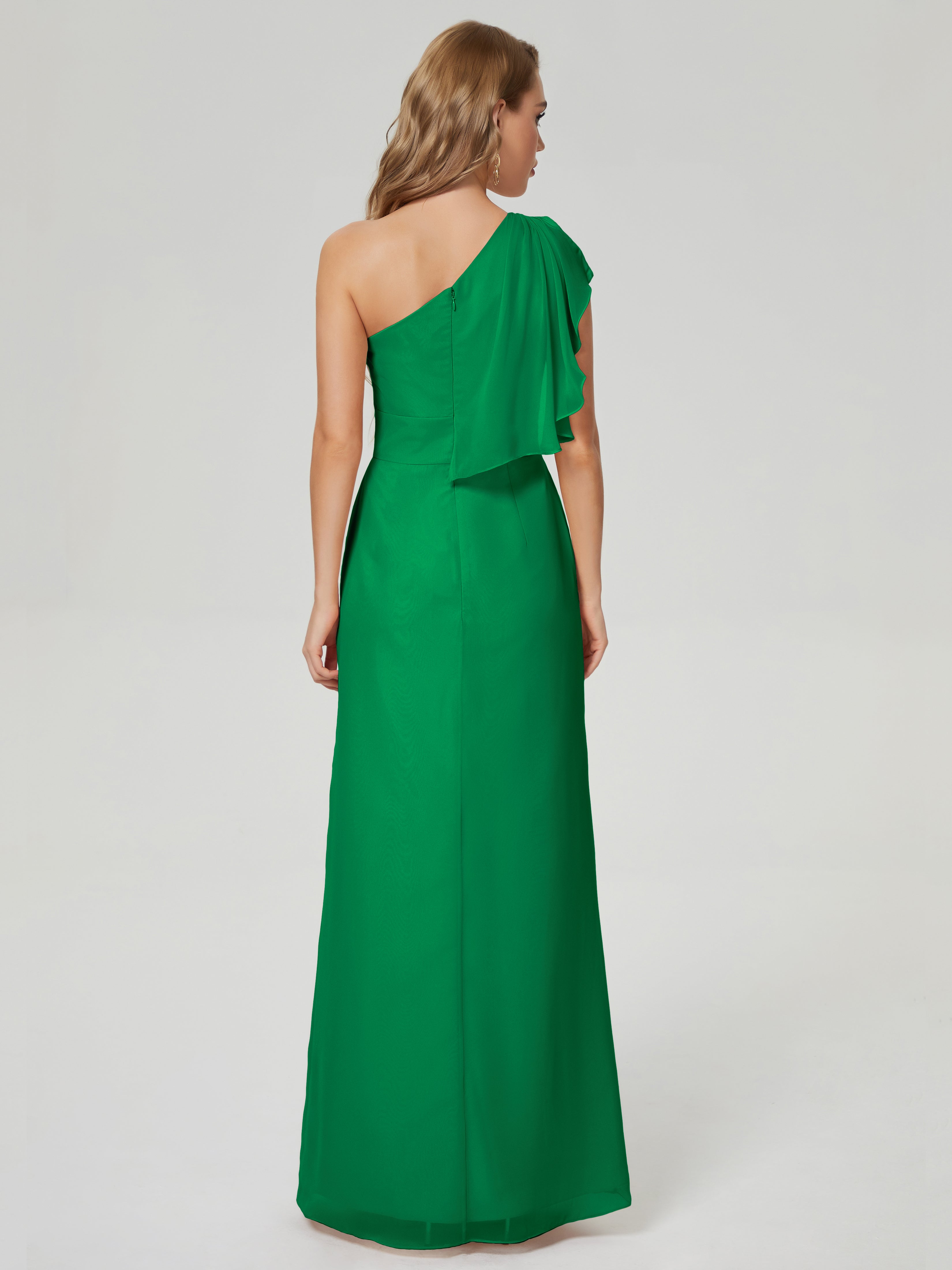 Robes De Demoiselle D'Honneur Émeraude Fendue Seule-Épaule Mousseline Robes Demoiselle D'Honneur À Volants