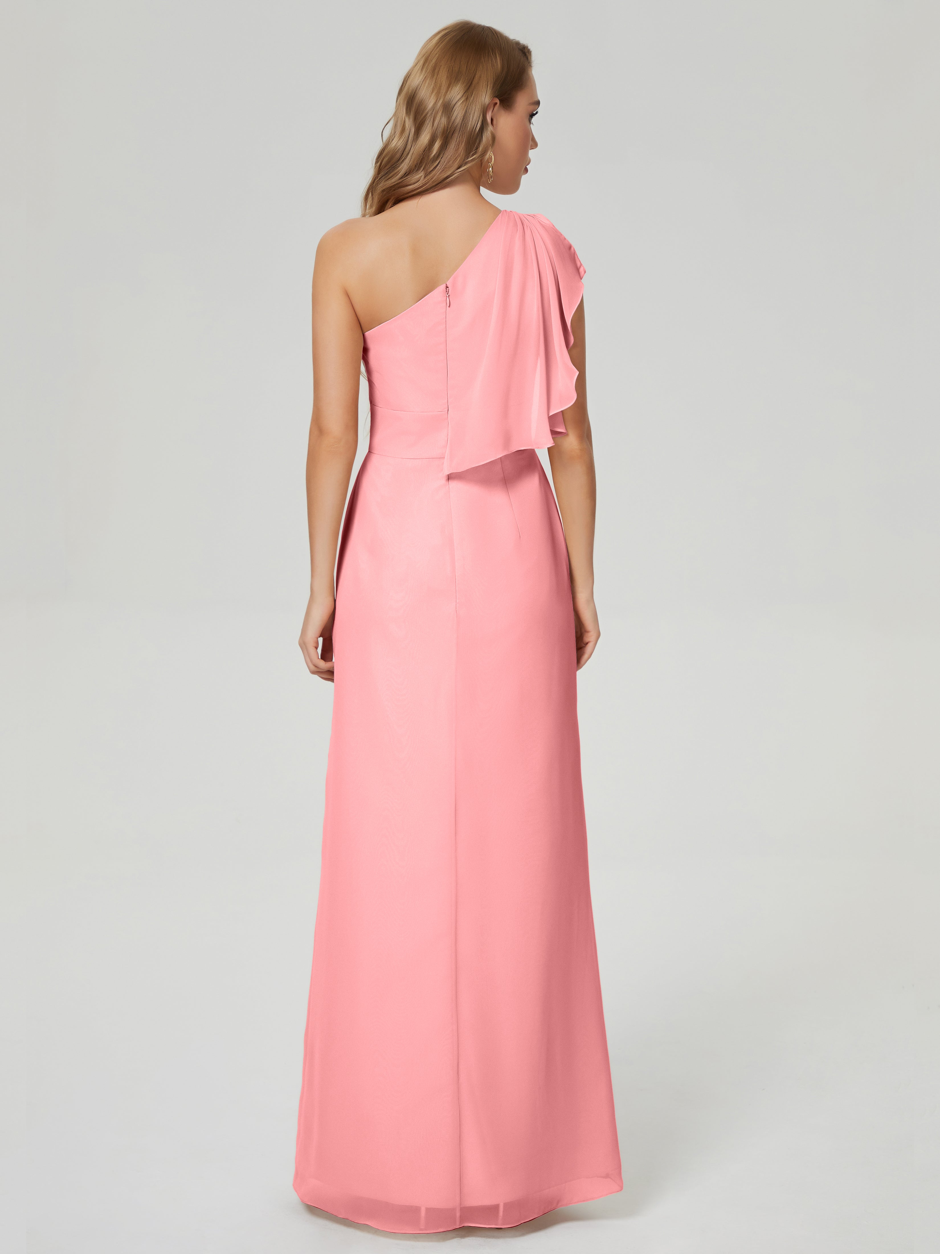 Robes De Demoiselle D'Honneur En Flamant Fendue Seule-Épaule Mousseline Robes Demoiselle D'Honneur À Volants