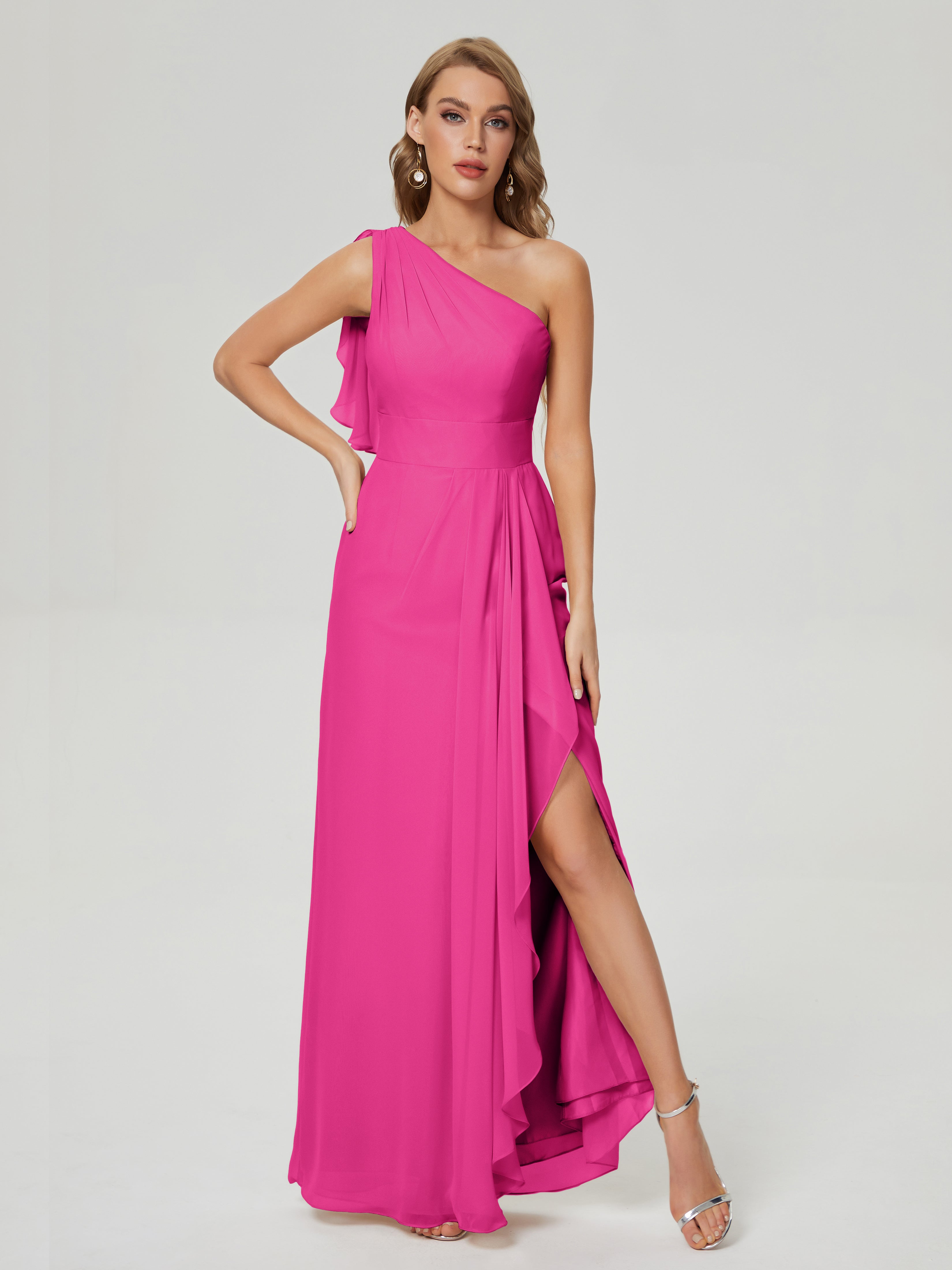 Robe Demoiselle D Honneur Rose Fuchsia Fendue Seule-Épaule Mousseline Robes Demoiselle D'Honneur À Volants