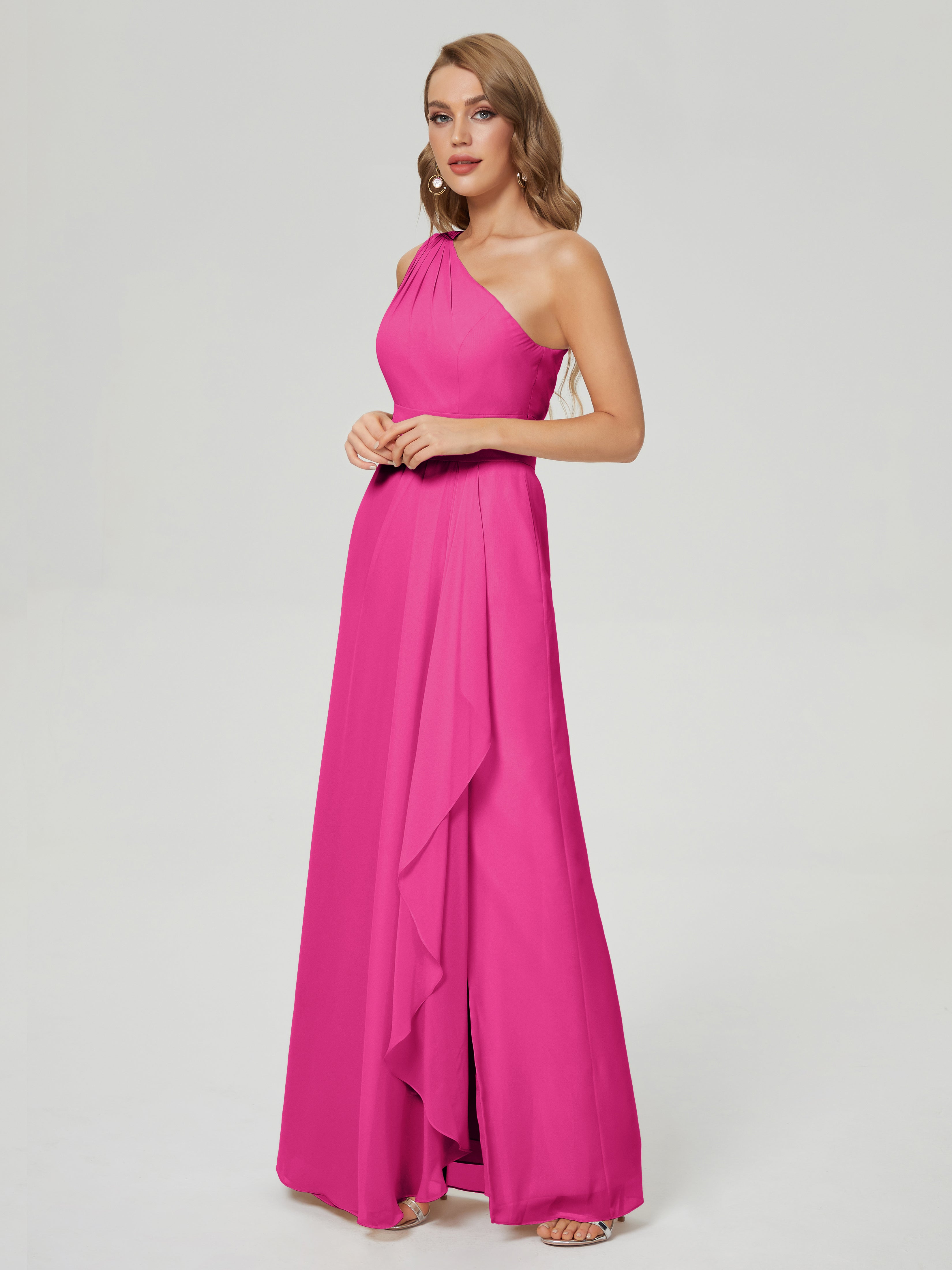 Robe Demoiselle D Honneur Rose Fuchsia Fendue Seule-Épaule Mousseline Robes Demoiselle D'Honneur À Volants