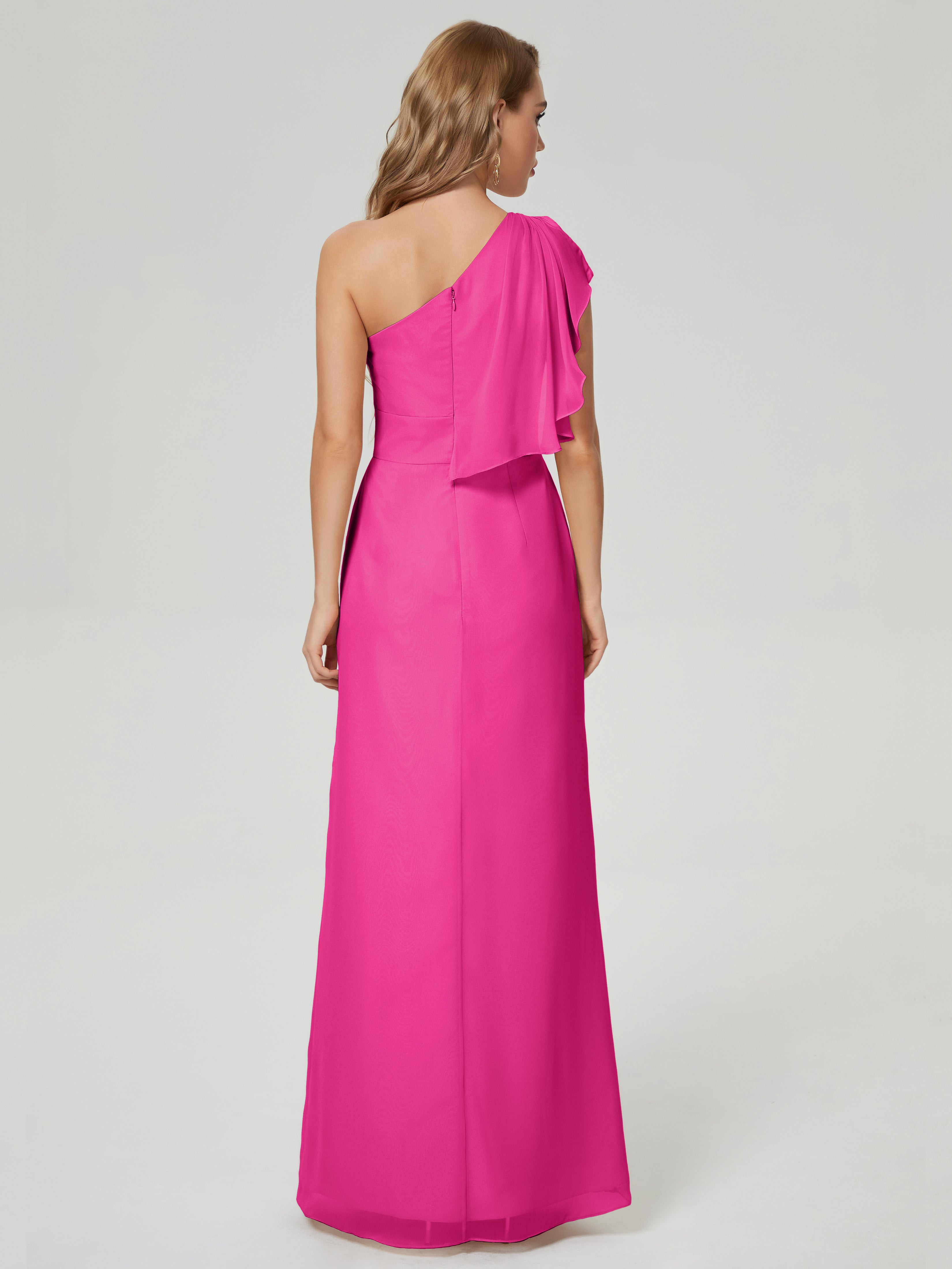 Robe Demoiselle D Honneur Rose Fuchsia Fendue Seule-Épaule Mousseline Robes Demoiselle D'Honneur À Volants