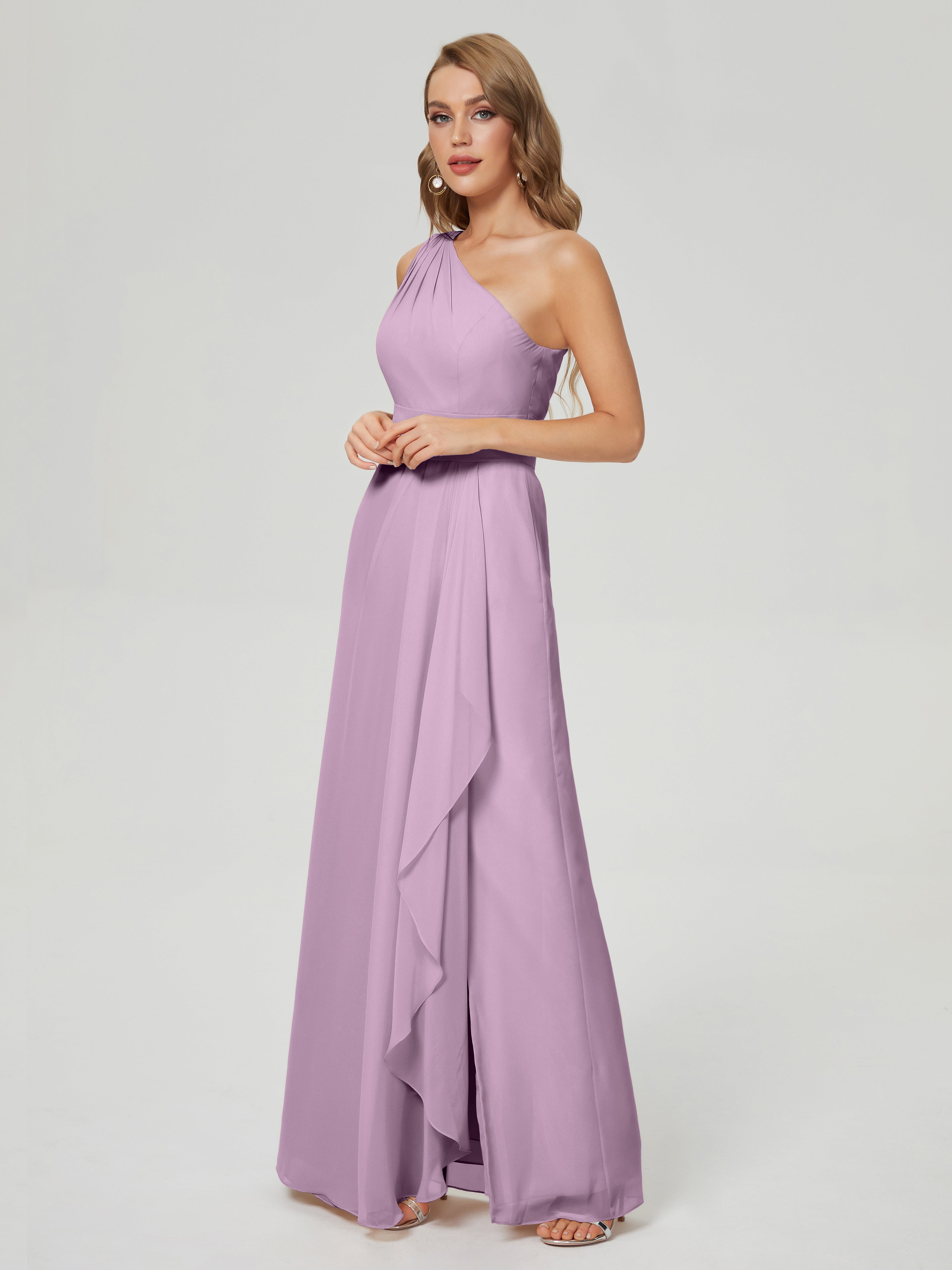 Robes De Demoiselle D'Honneur Glycine Fendue Seule-Épaule Mousseline Robes Demoiselle D'Honneur À Volants