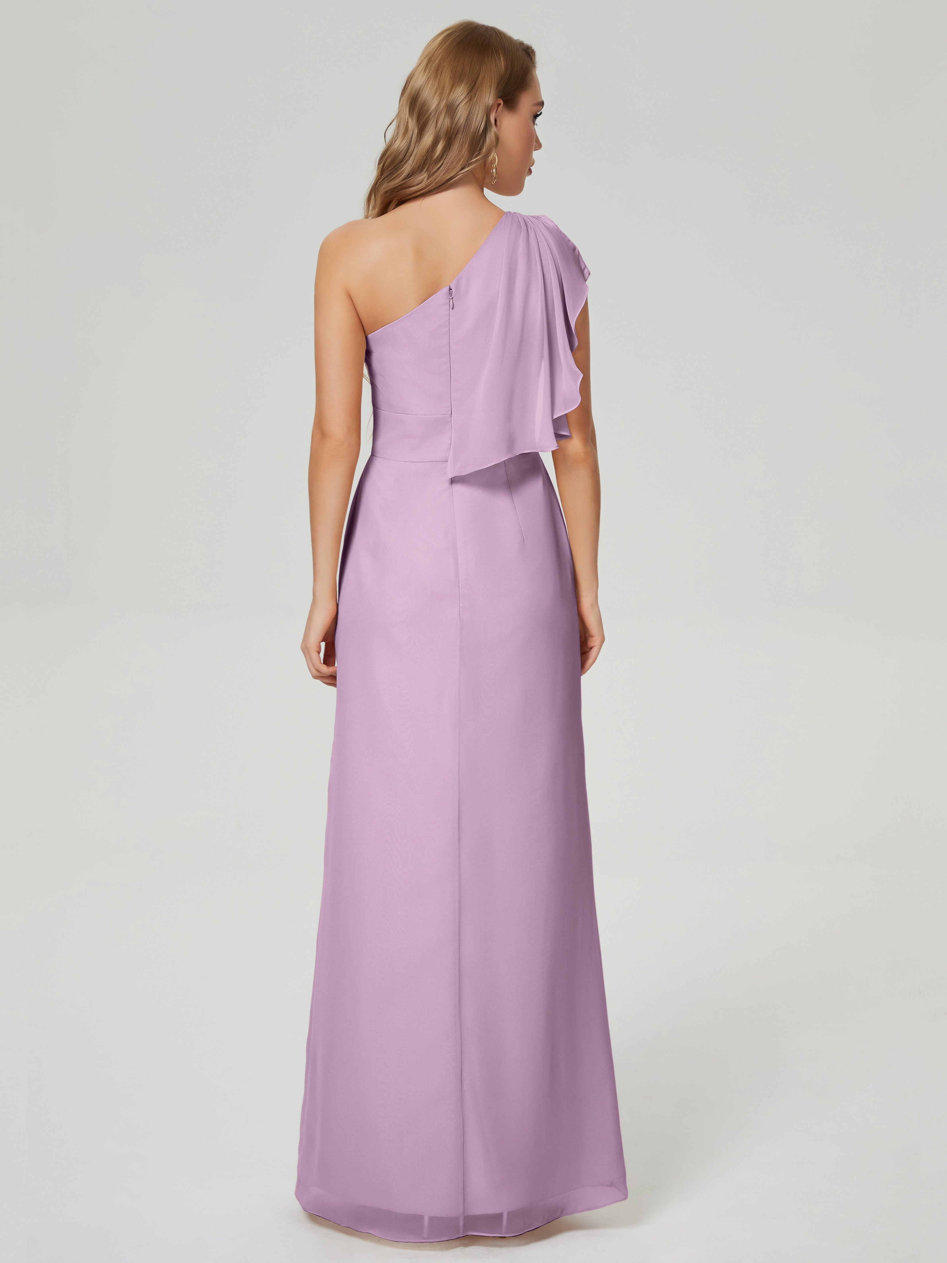 Robes De Demoiselle D'Honneur Glycine Fendue Seule-Épaule Mousseline Robes Demoiselle D'Honneur À Volants