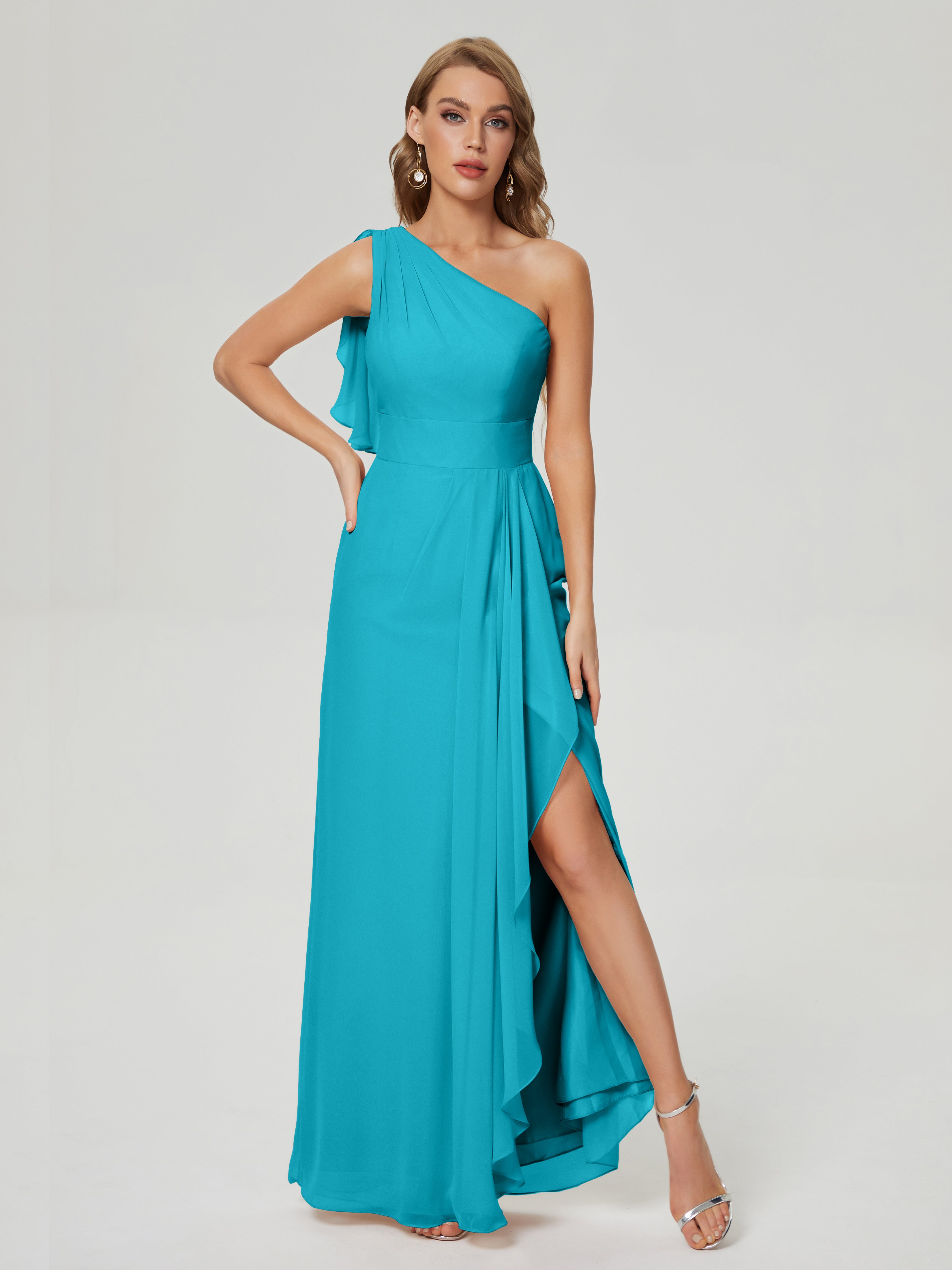 Robes De Demoiselle D'Honneur Vert Jade Fendue Seule-Épaule Mousseline Robes Demoiselle D'Honneur À Volants