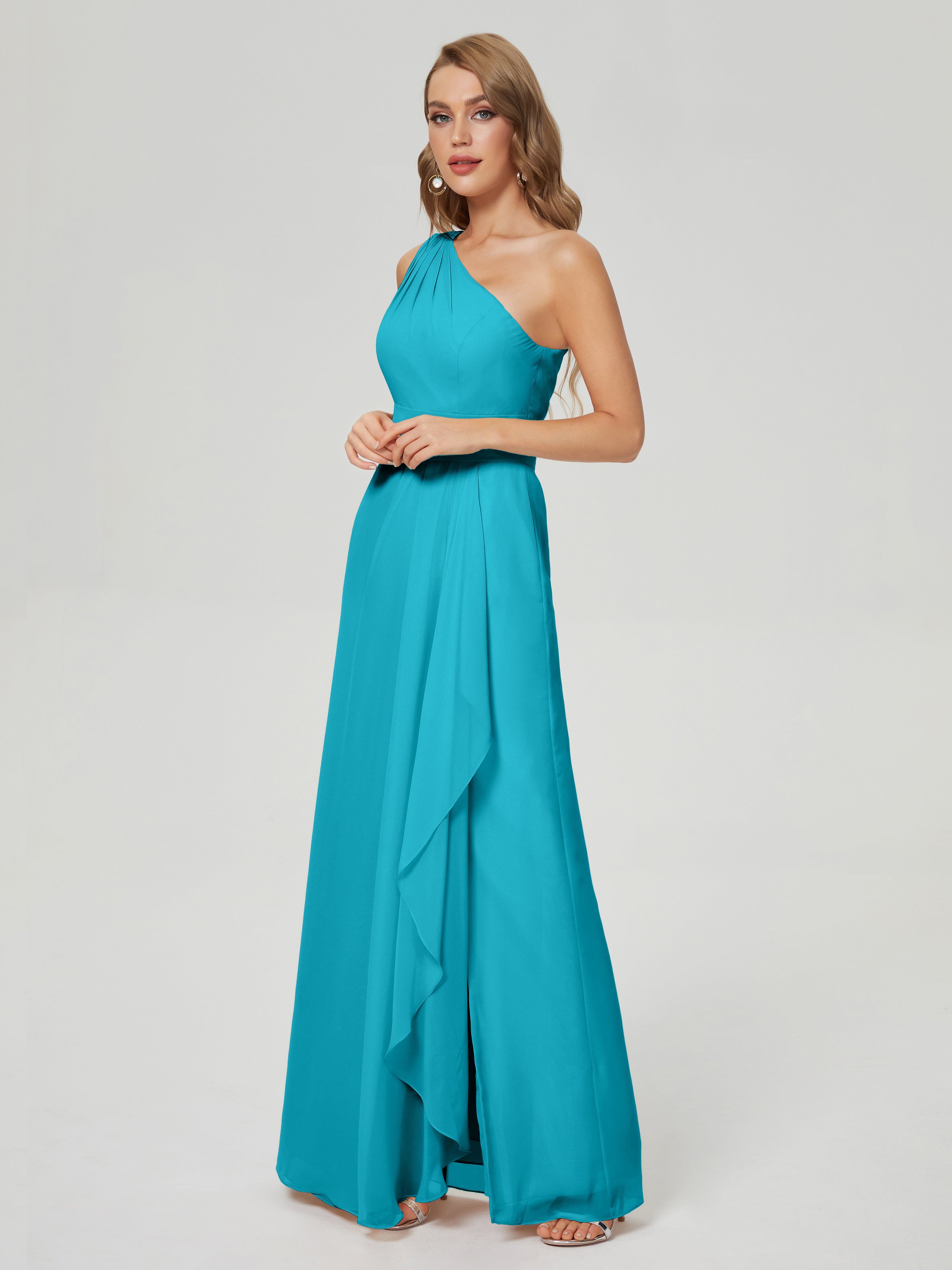 Robes De Demoiselle D'Honneur Vert Jade Fendue Seule-Épaule Mousseline Robes Demoiselle D'Honneur À Volants