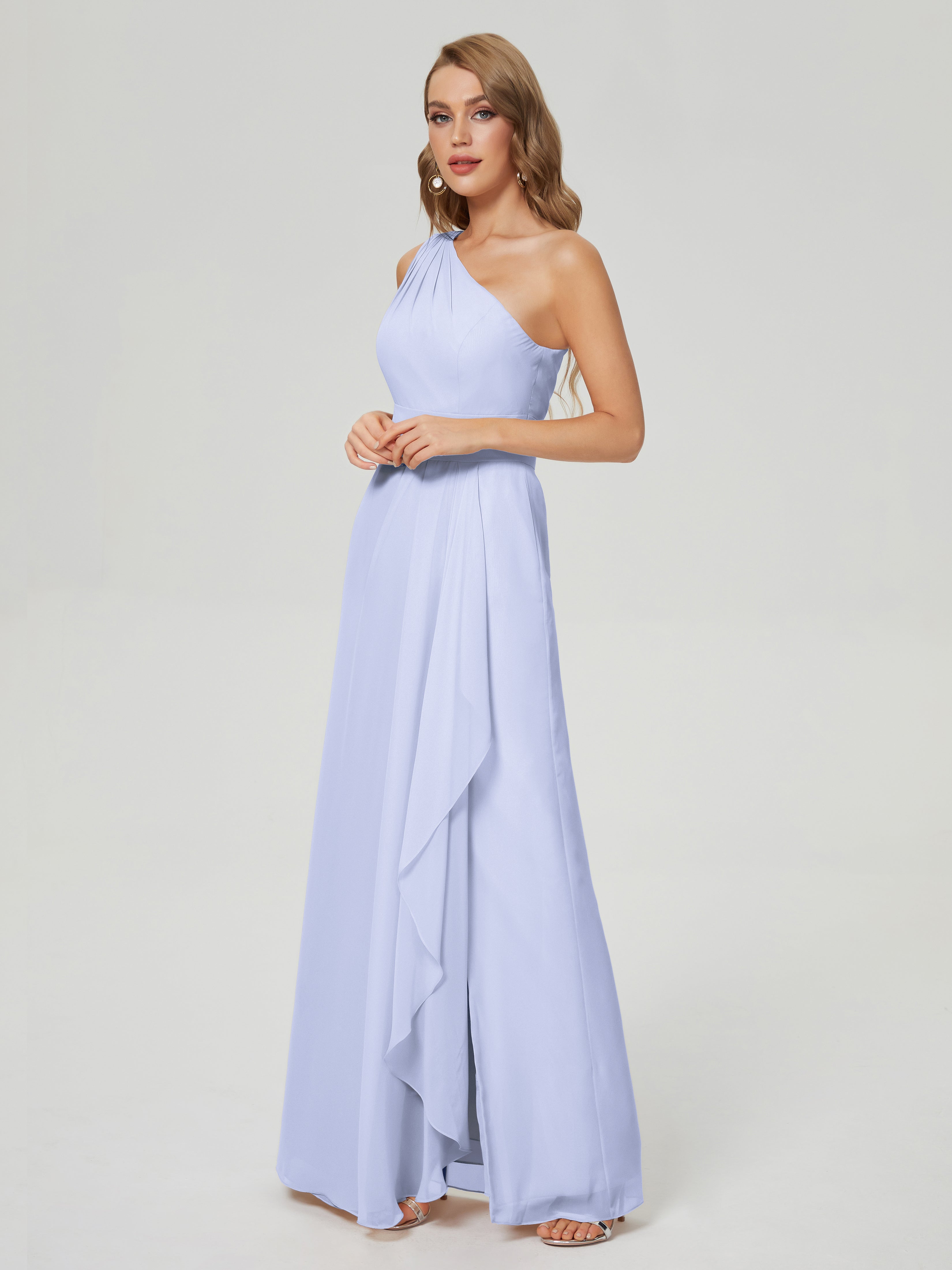 Robes De Demoiselle D'Honneur Lavande Fendue Seule-Épaule Mousseline Robes Demoiselle D'Honneur À Volants