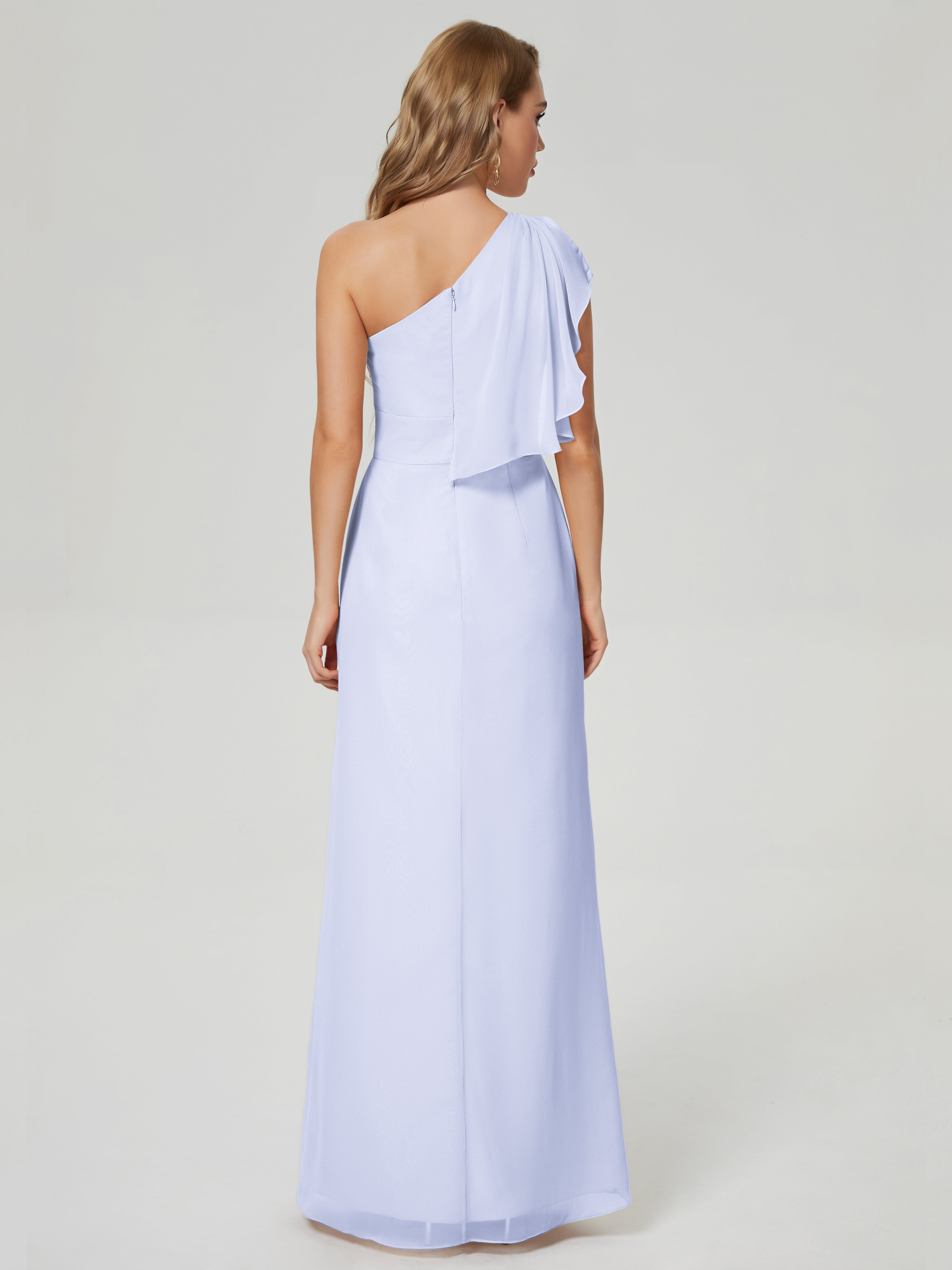 Robes De Demoiselle D'Honneur Lavande Fendue Seule-Épaule Mousseline Robes Demoiselle D'Honneur À Volants