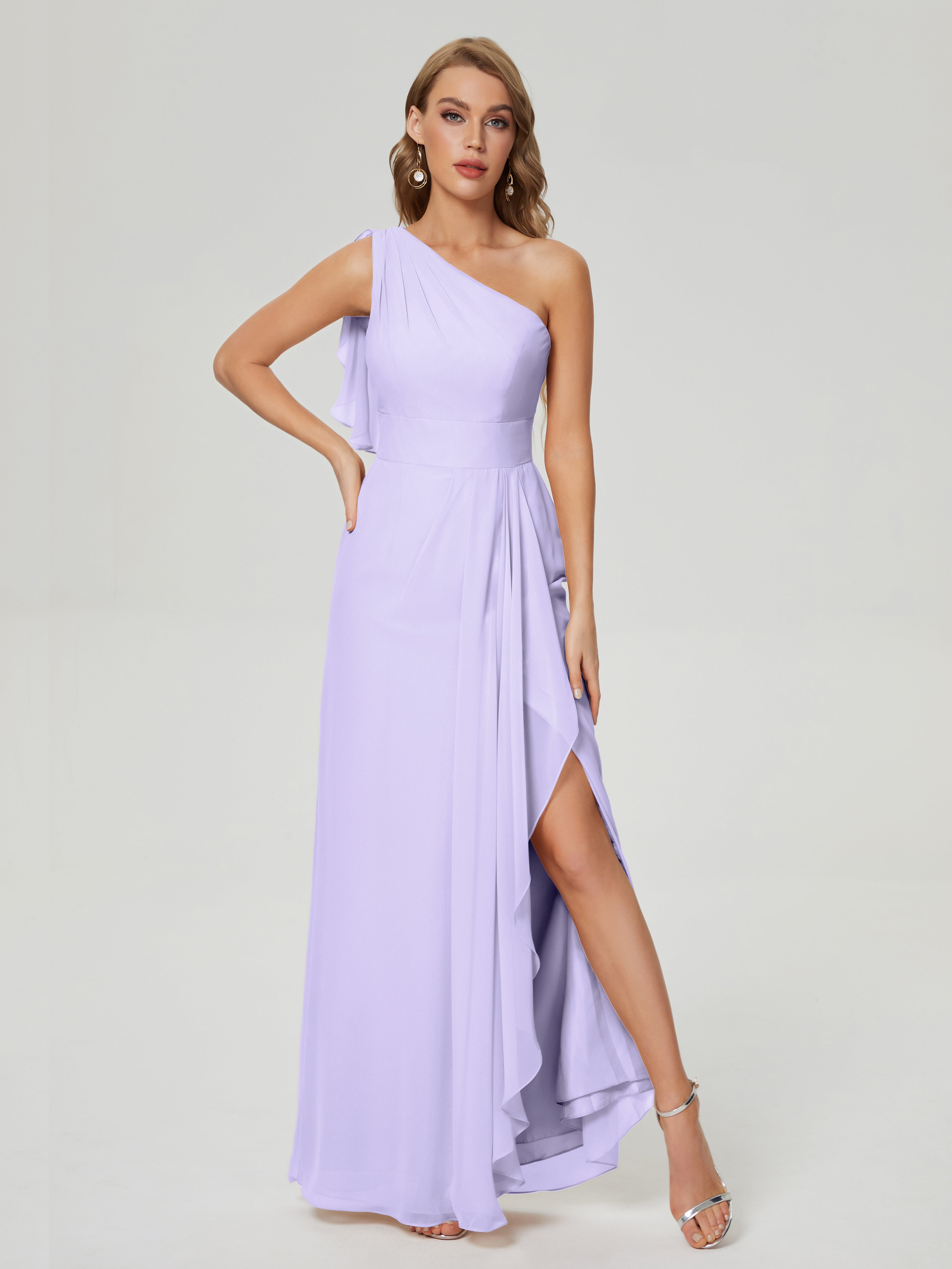 Robe Longue Lilas Demoiselle D Honneur Fendue Seule-Épaule Mousseline Robes Demoiselle D'Honneur À Volants