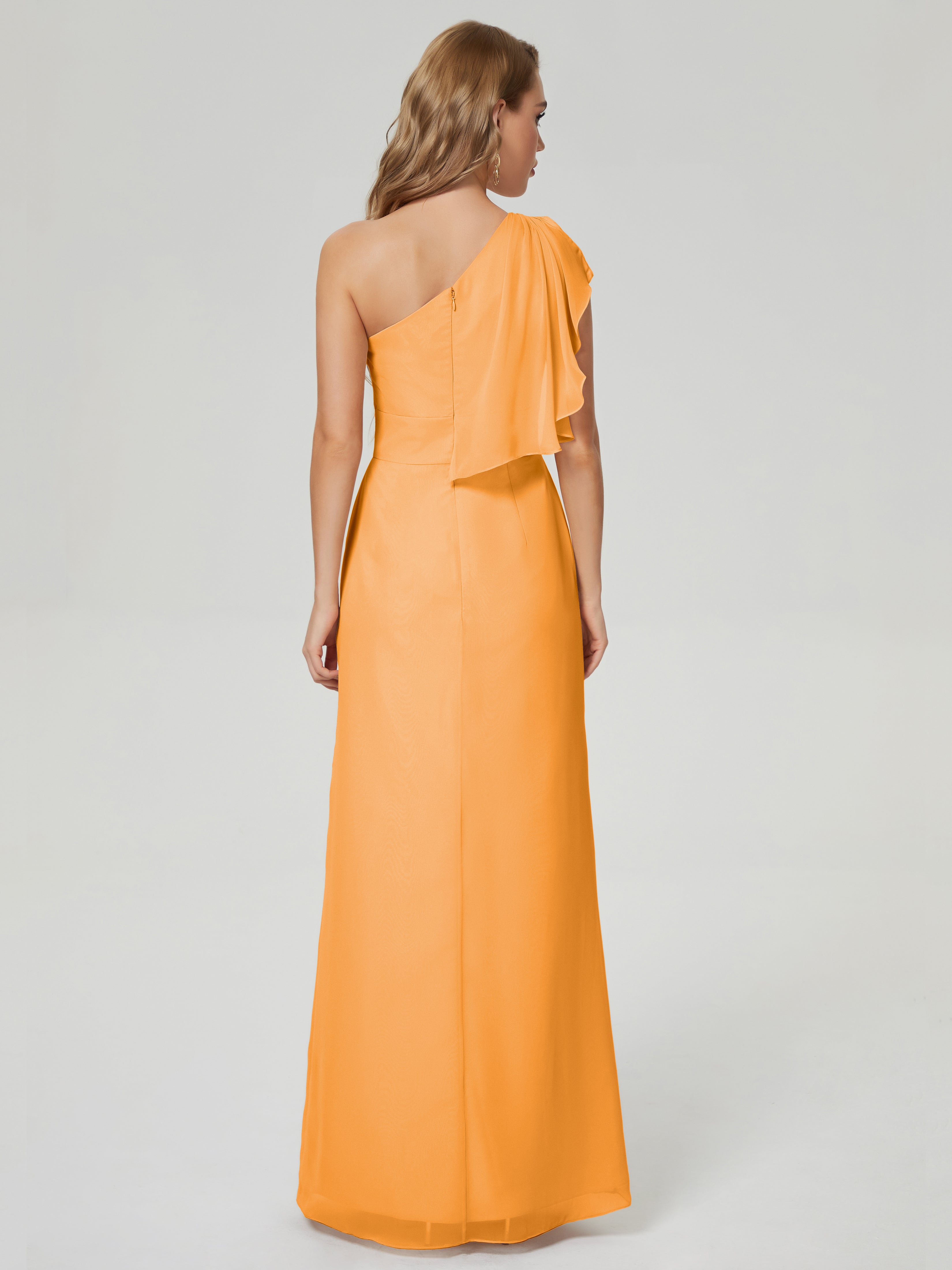 Robes De Demoiselle D'Honneur Mandarine Fendue Seule-Épaule Mousseline Robes Demoiselle D'Honneur À Volants