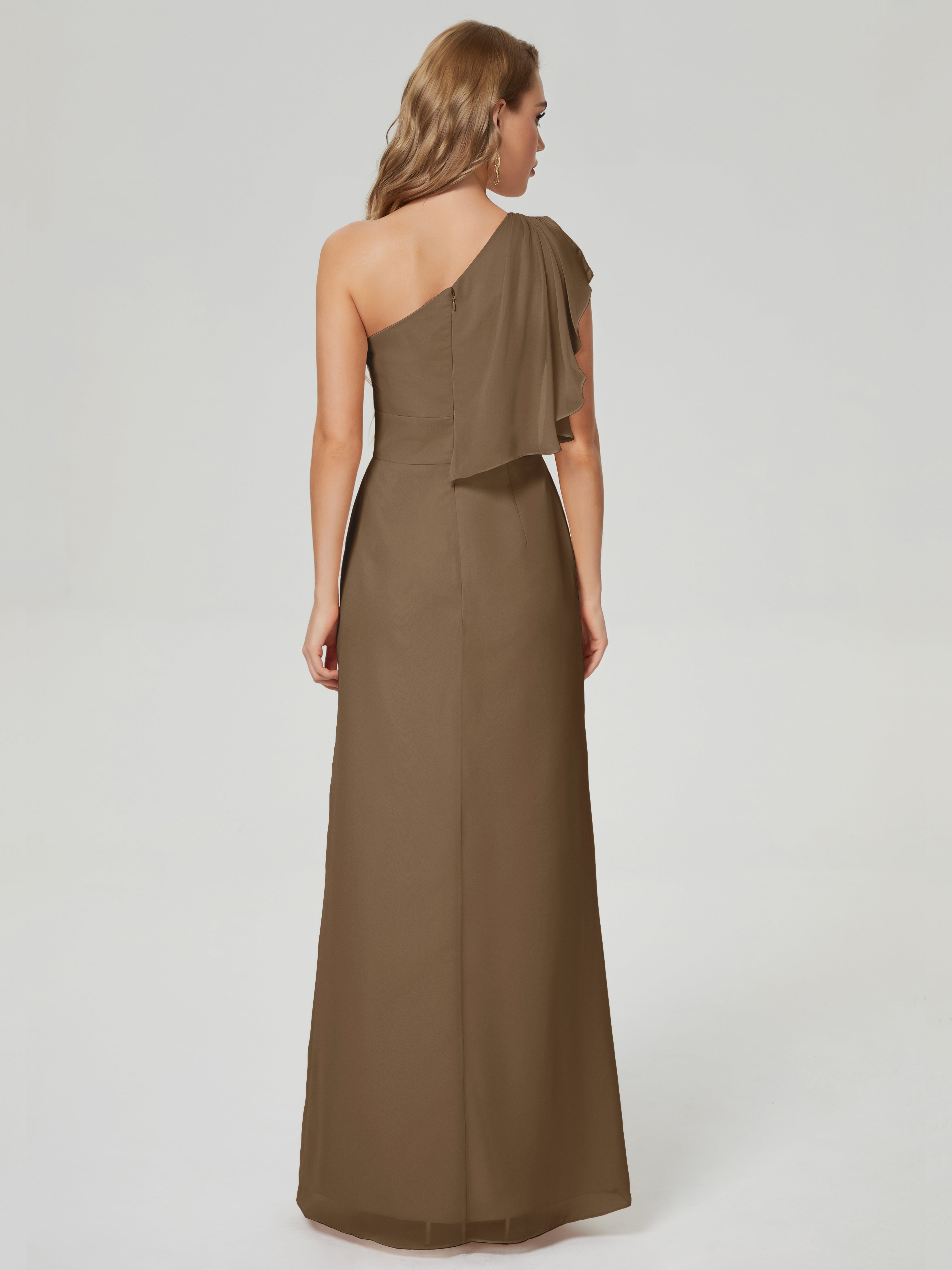 Robe De Demoiselle D'Honneur Moka Fendue Seule-Épaule Mousseline Robes Demoiselle D'Honneur À Volants
