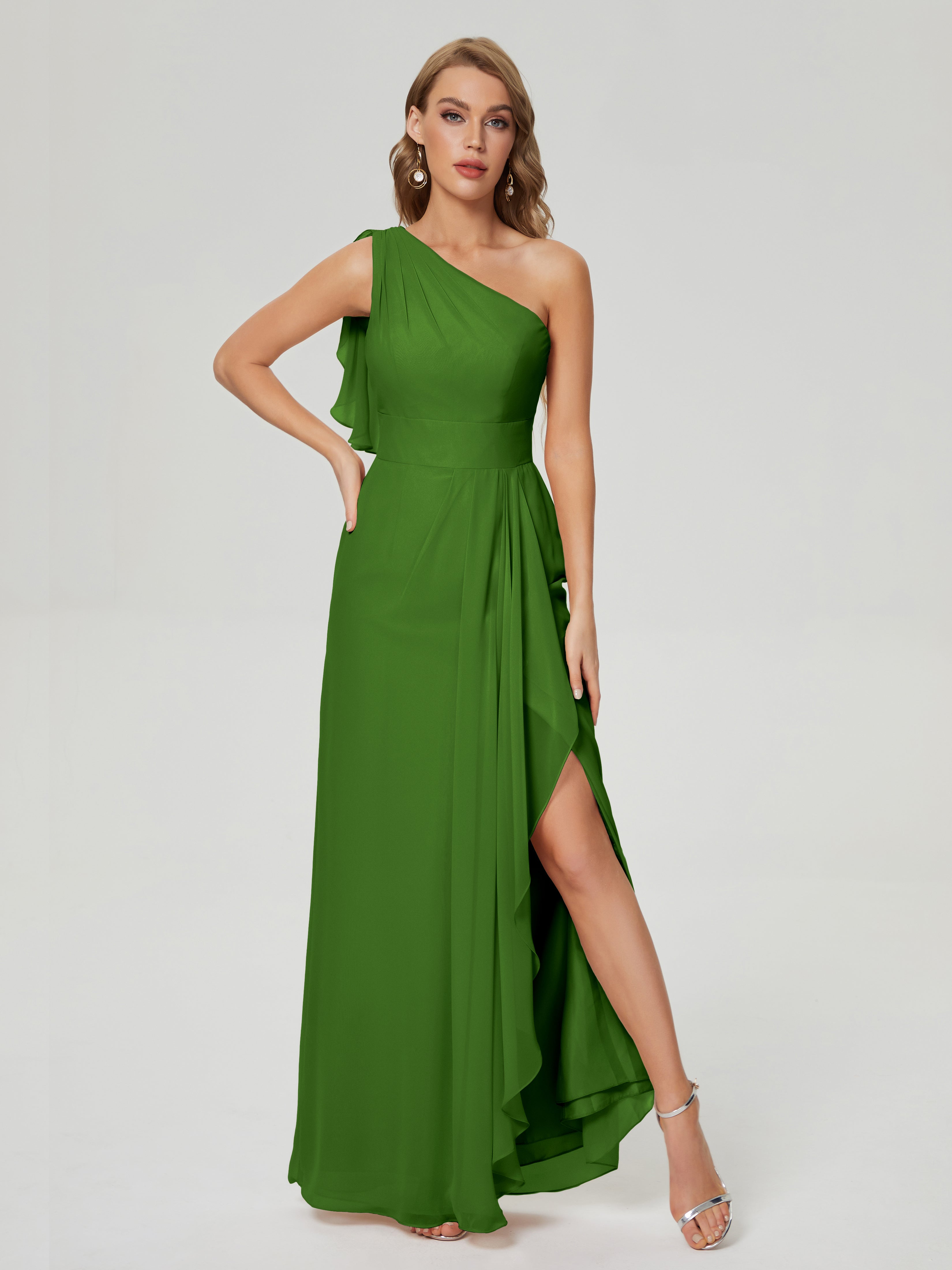 Robes De Demoiselle D'Honneur Vert Mousse Fendue Seule-Épaule Mousseline Robes Demoiselle D'Honneur À Volants