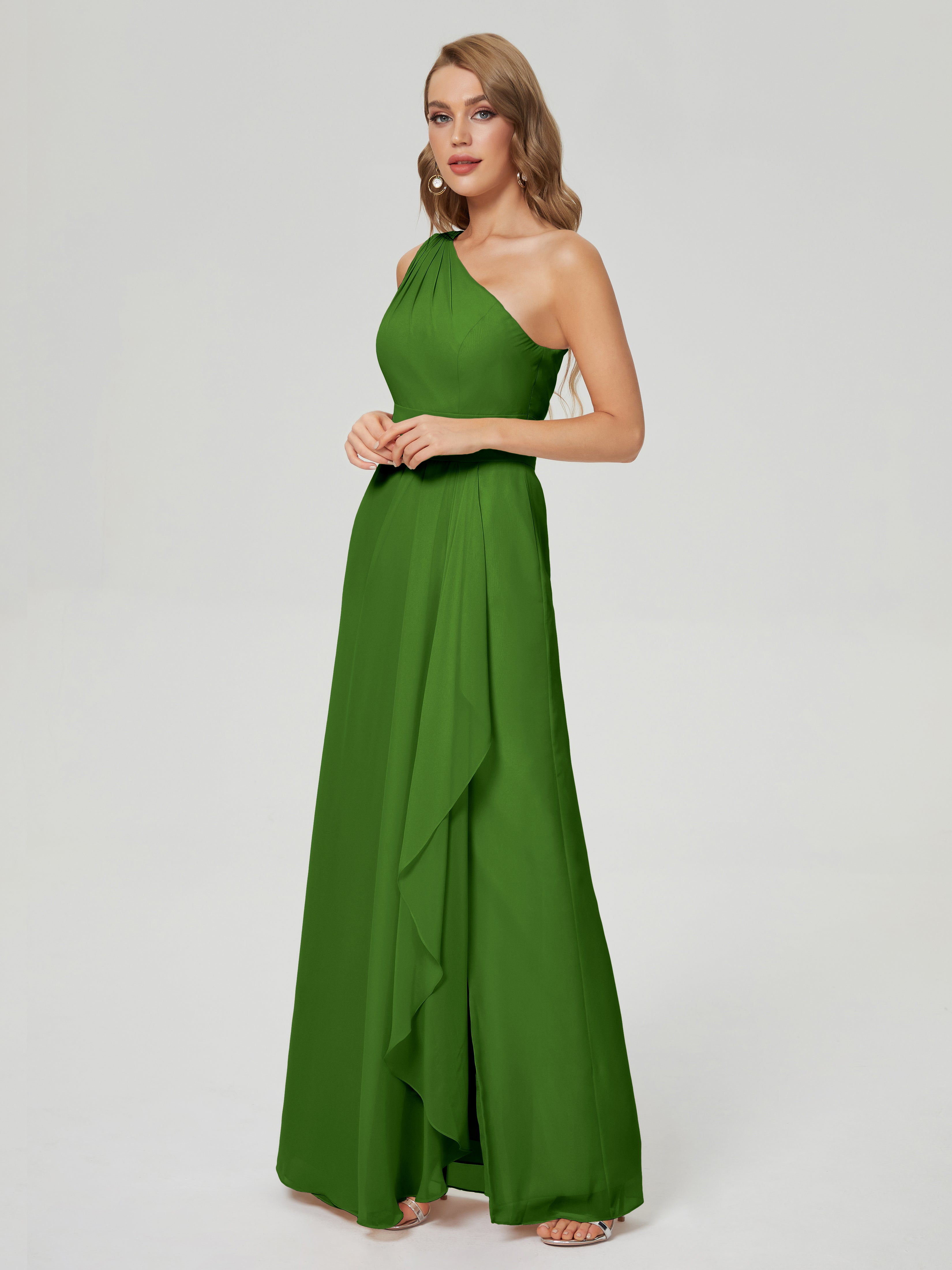 Robes De Demoiselle D'Honneur Vert Mousse Fendue Seule-Épaule Mousseline Robes Demoiselle D'Honneur À Volants