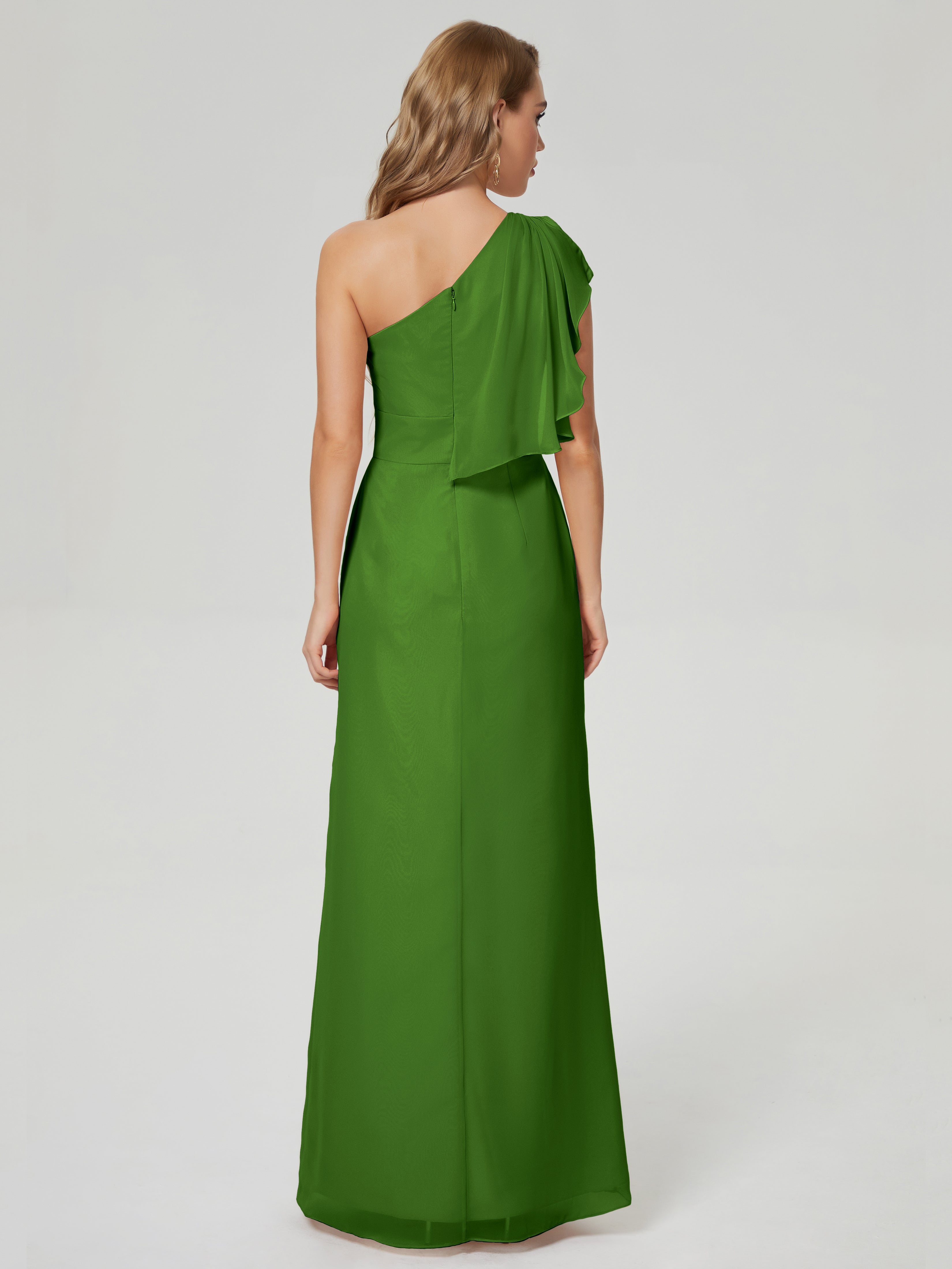 Robes De Demoiselle D'Honneur Vert Mousse Fendue Seule-Épaule Mousseline Robes Demoiselle D'Honneur À Volants