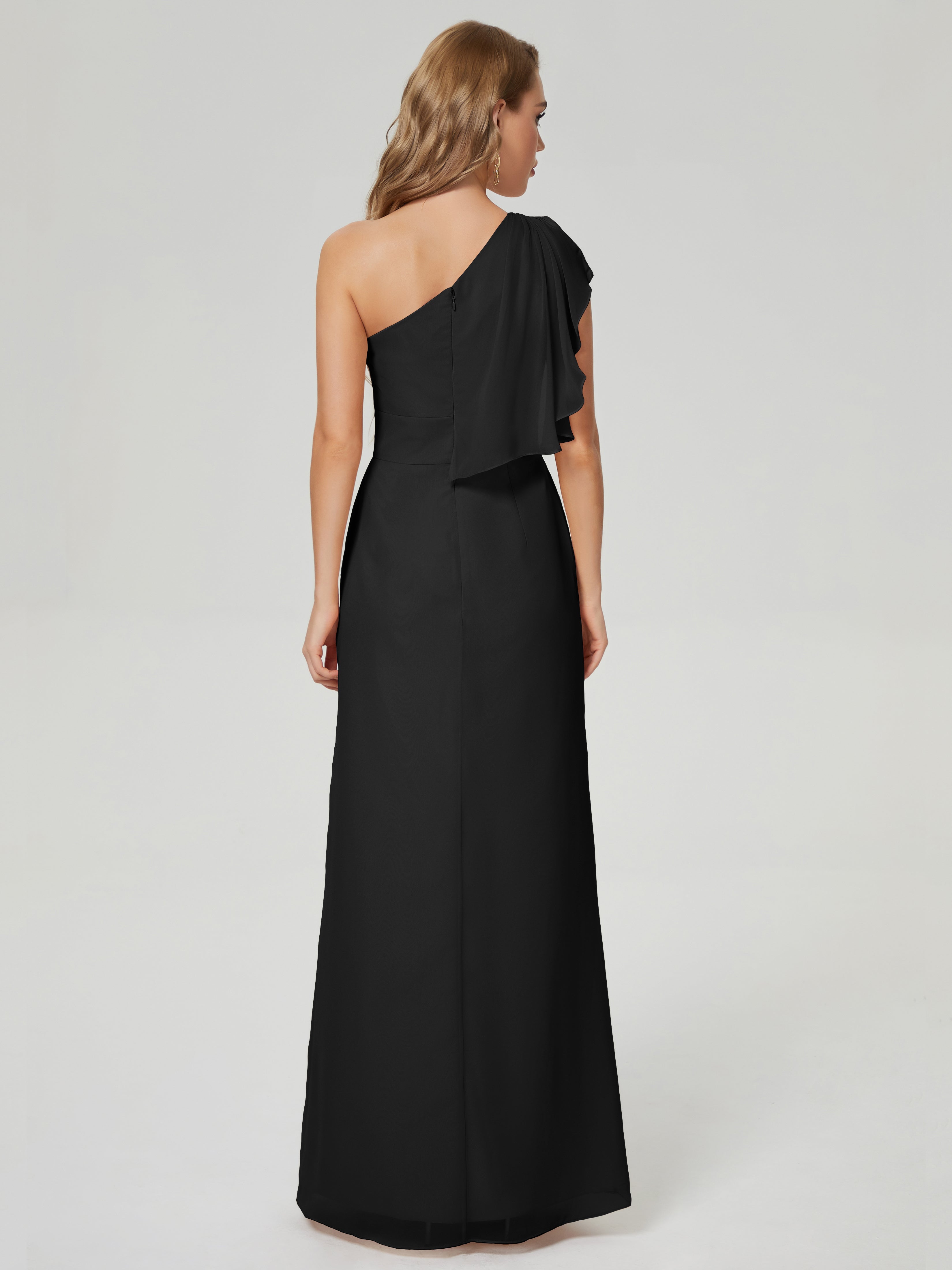 Robes De Demoiselle D'Honneur Noires Bon Marché Fendue Seule-Épaule Mousseline Robes Demoiselle D'Honneur À Volants