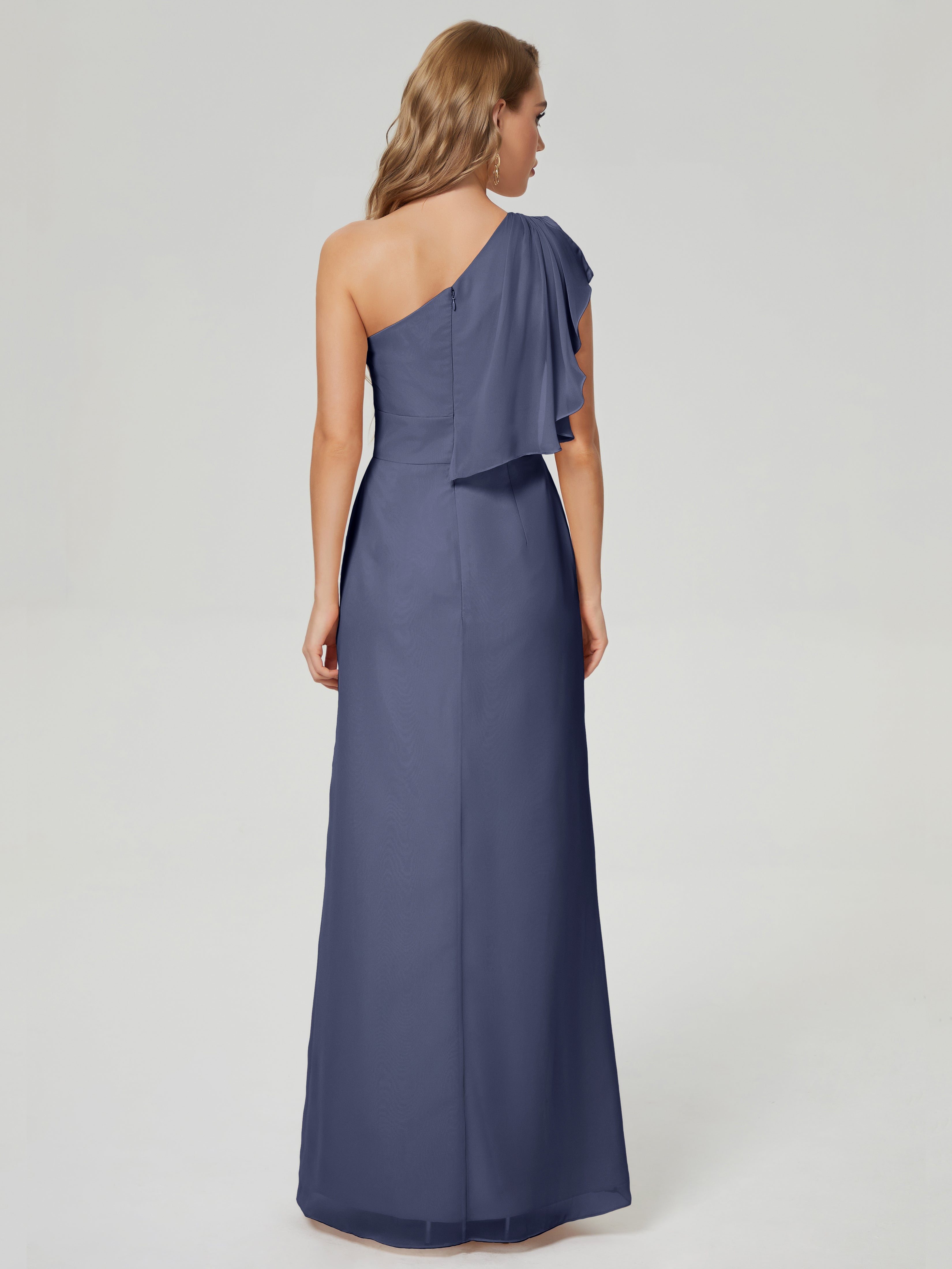 Robes De Demoiselle D'Honneur Bleu Orageux Fendue Seule-Épaule Mousseline Robes Demoiselle D'Honneur À Volants