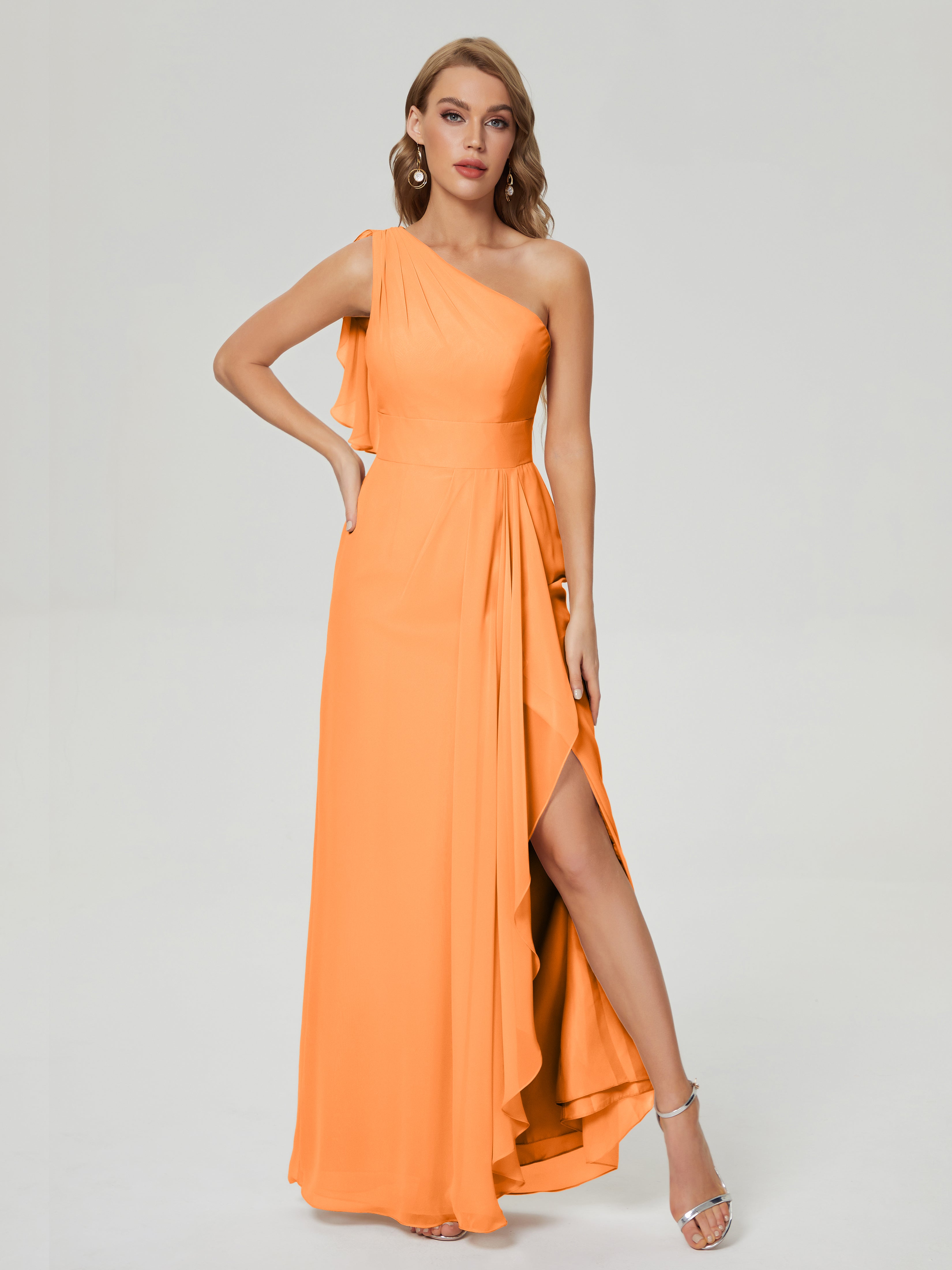 Demoiselle Dhonneur Robe Orange Fendue Seule-Épaule Mousseline Robes Demoiselle D'Honneur À Volants